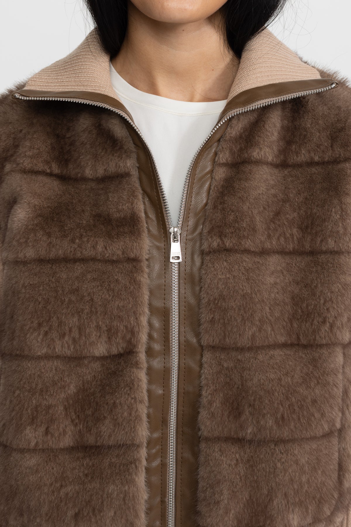 Plush Panel Knit Sleeve Zip Jacket - Mocha
