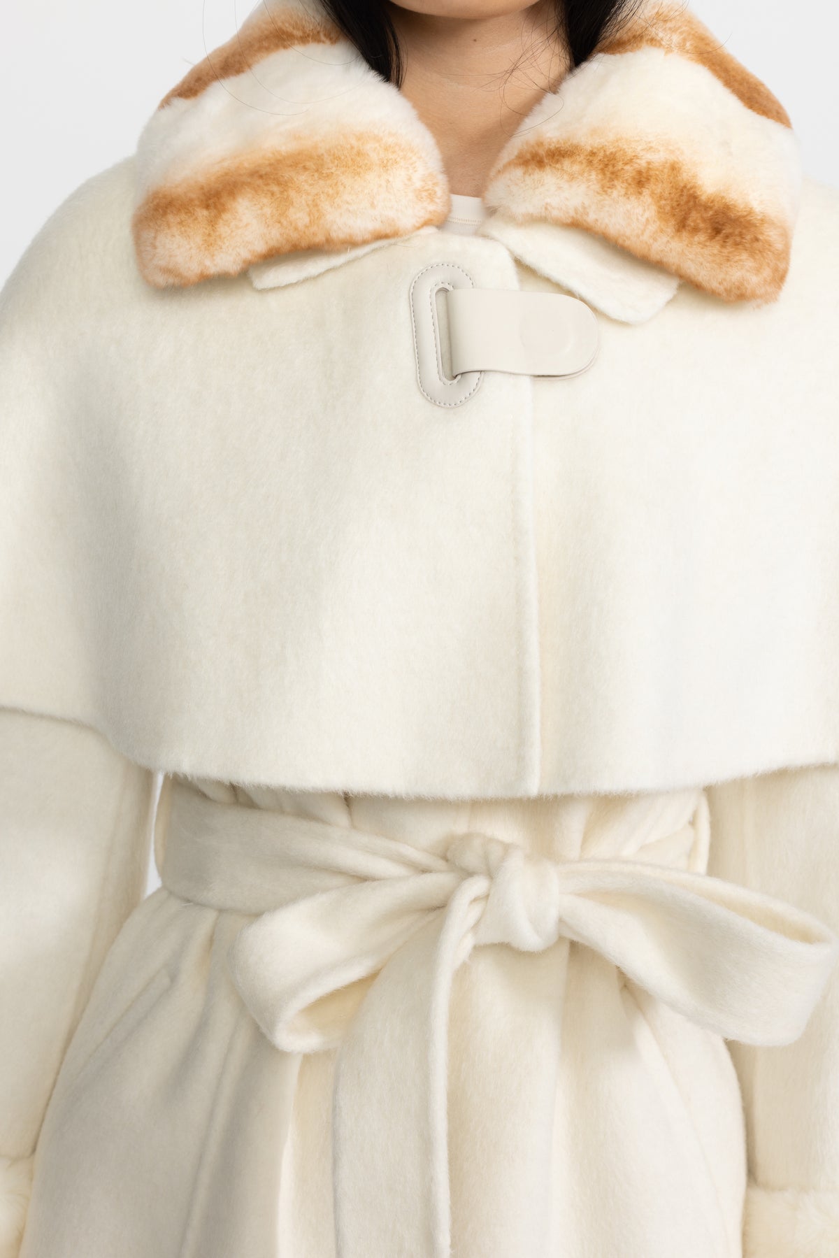 Rex Rabbit Fur Collar Capelet Wool Coat - Ivoire