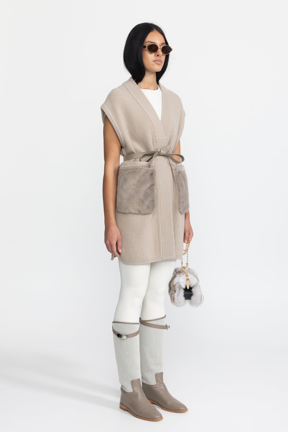 Belted Waffle Knit Gilet with Mink Fur Pockets - Beige