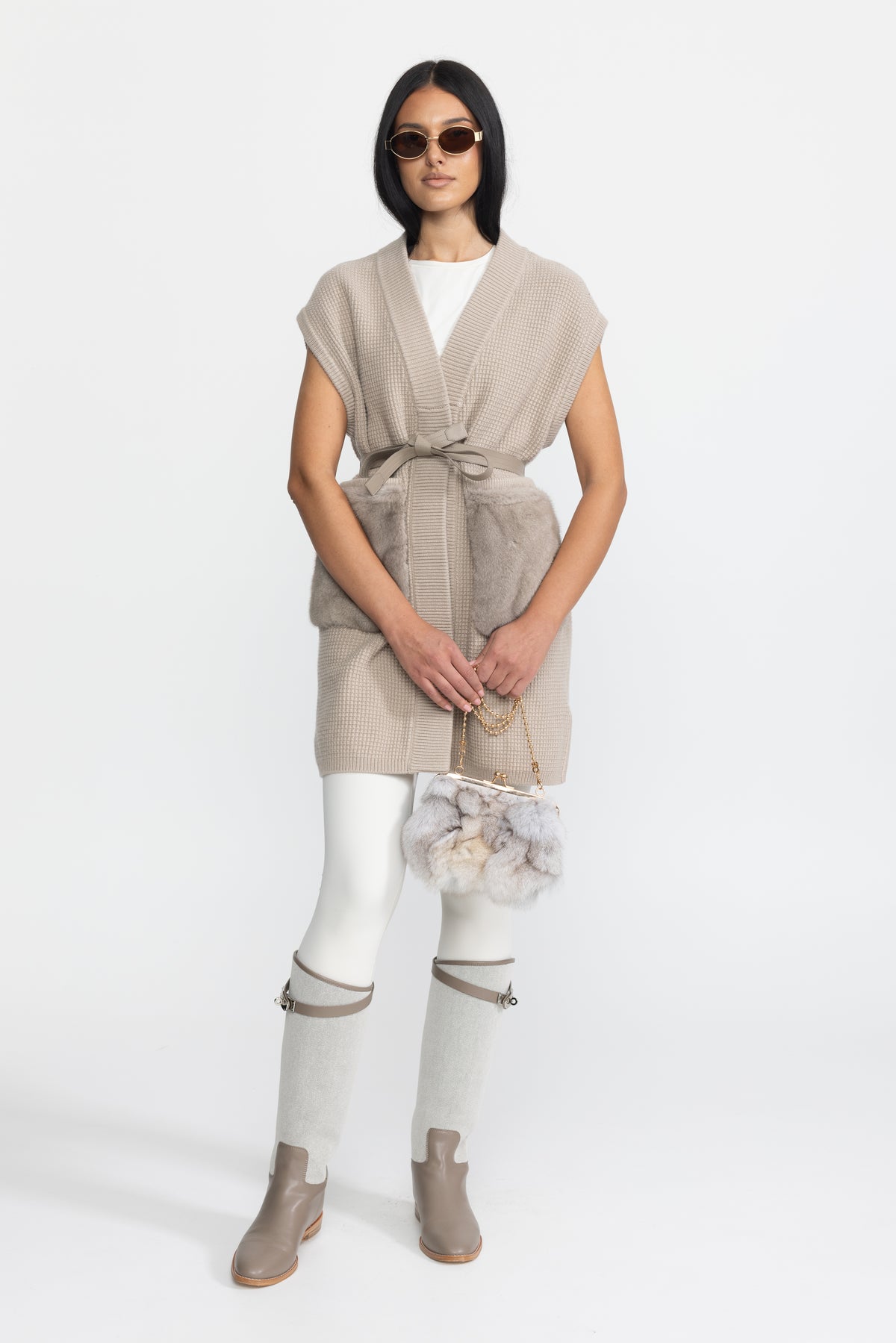 Belted Waffle Knit Gilet with Mink Fur Pockets - Beige