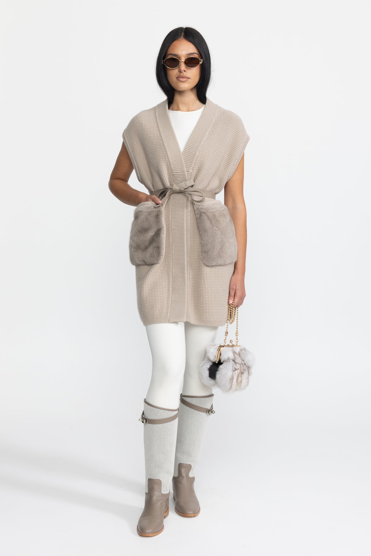 Belted Waffle Knit Gilet with Mink Fur Pockets - Beige