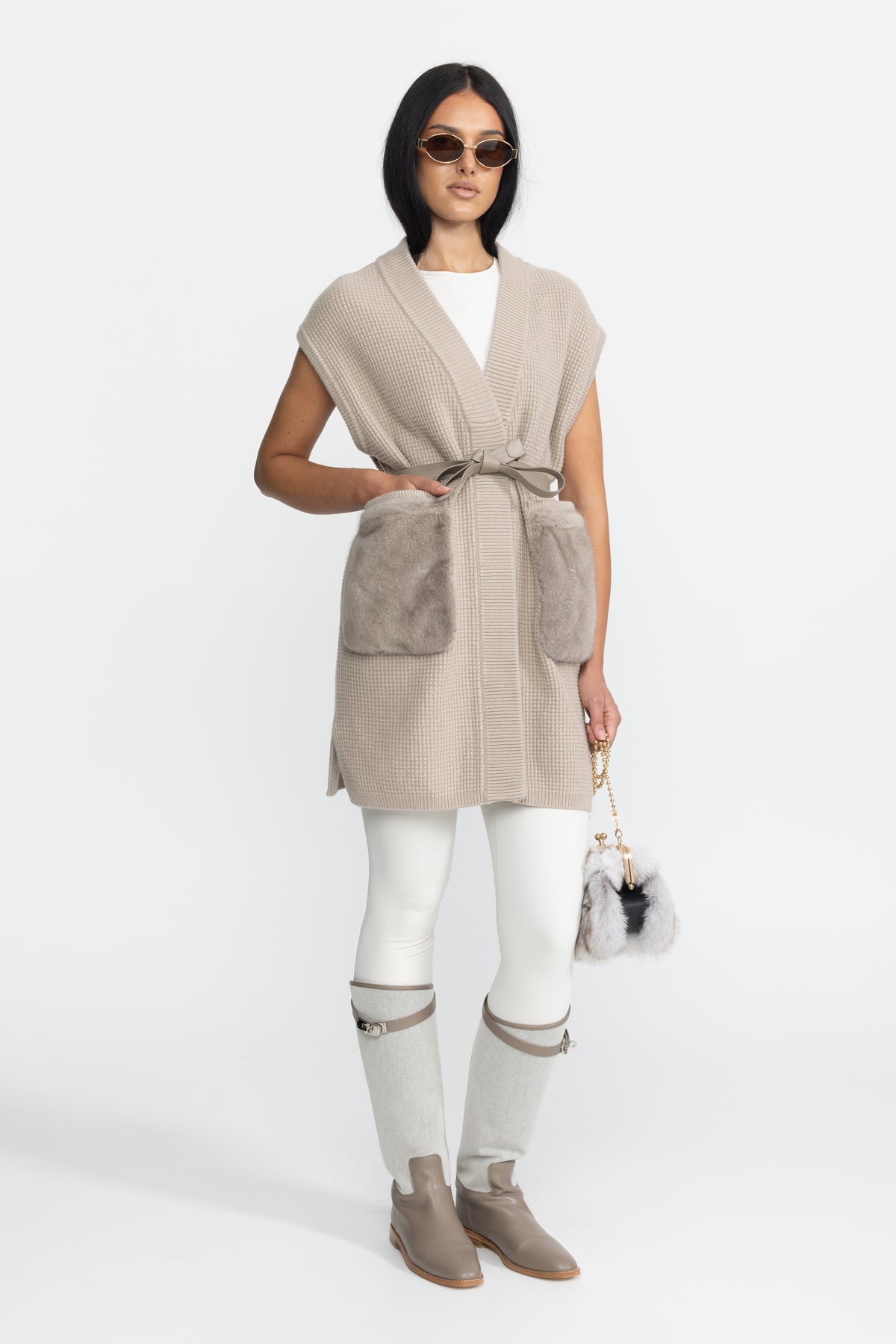 Belted Waffle Knit Gilet with Mink Fur Pockets - Beige