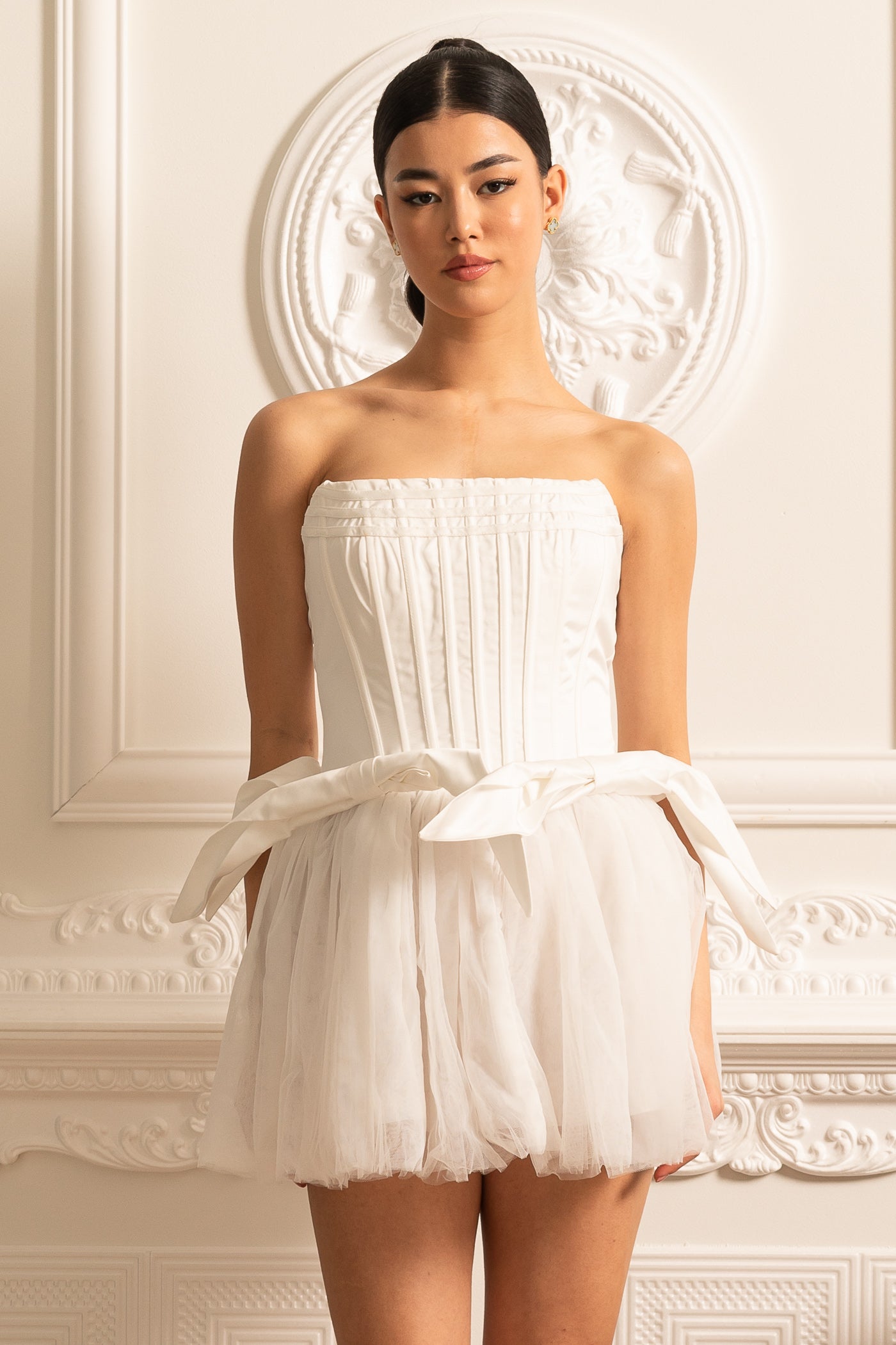 Corset Dress With Tulle Mini Skirt And Waist Bows - White