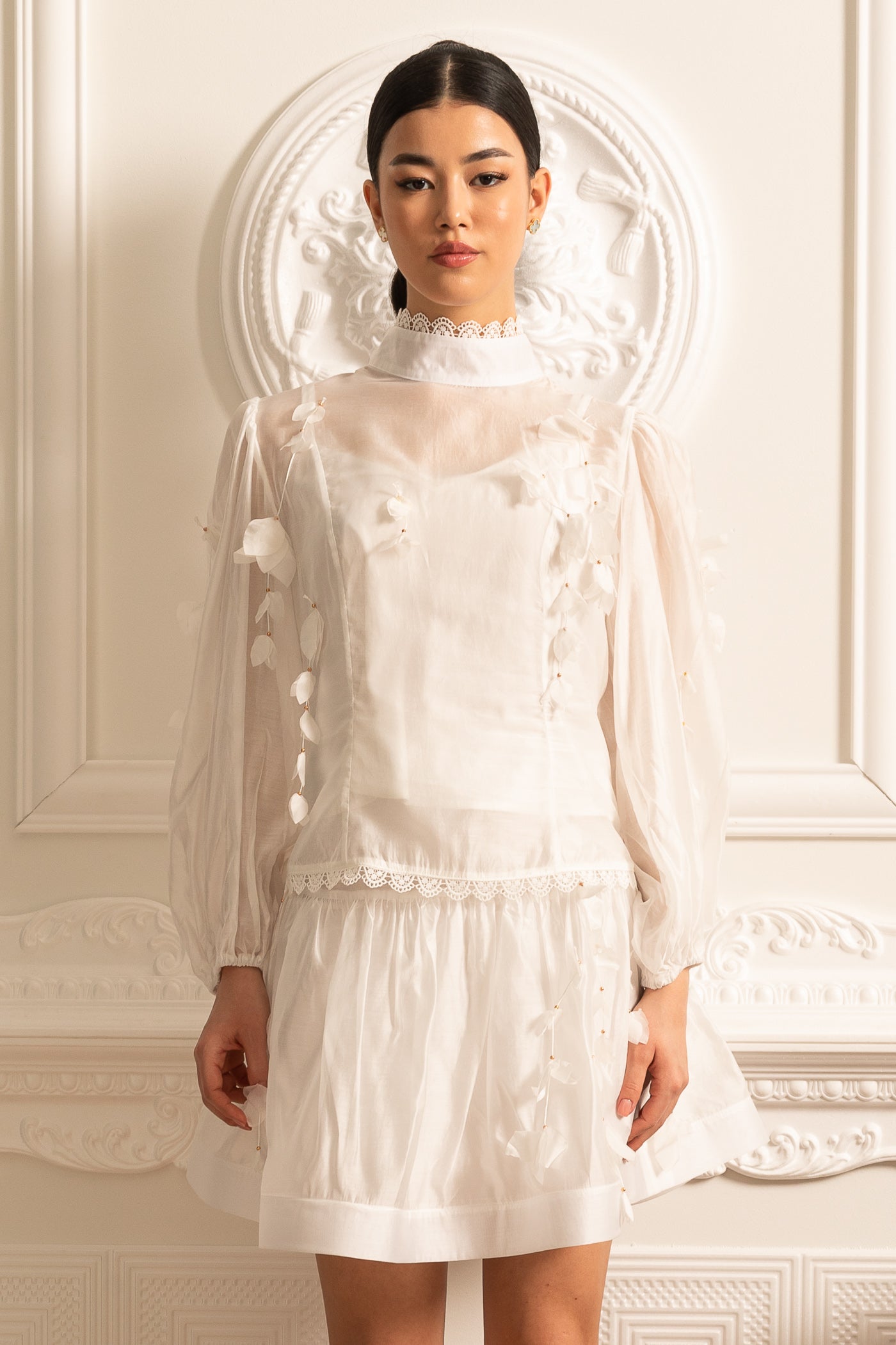 Elegant Floral Co-Ord With Delicate Lace Trim Accents - White