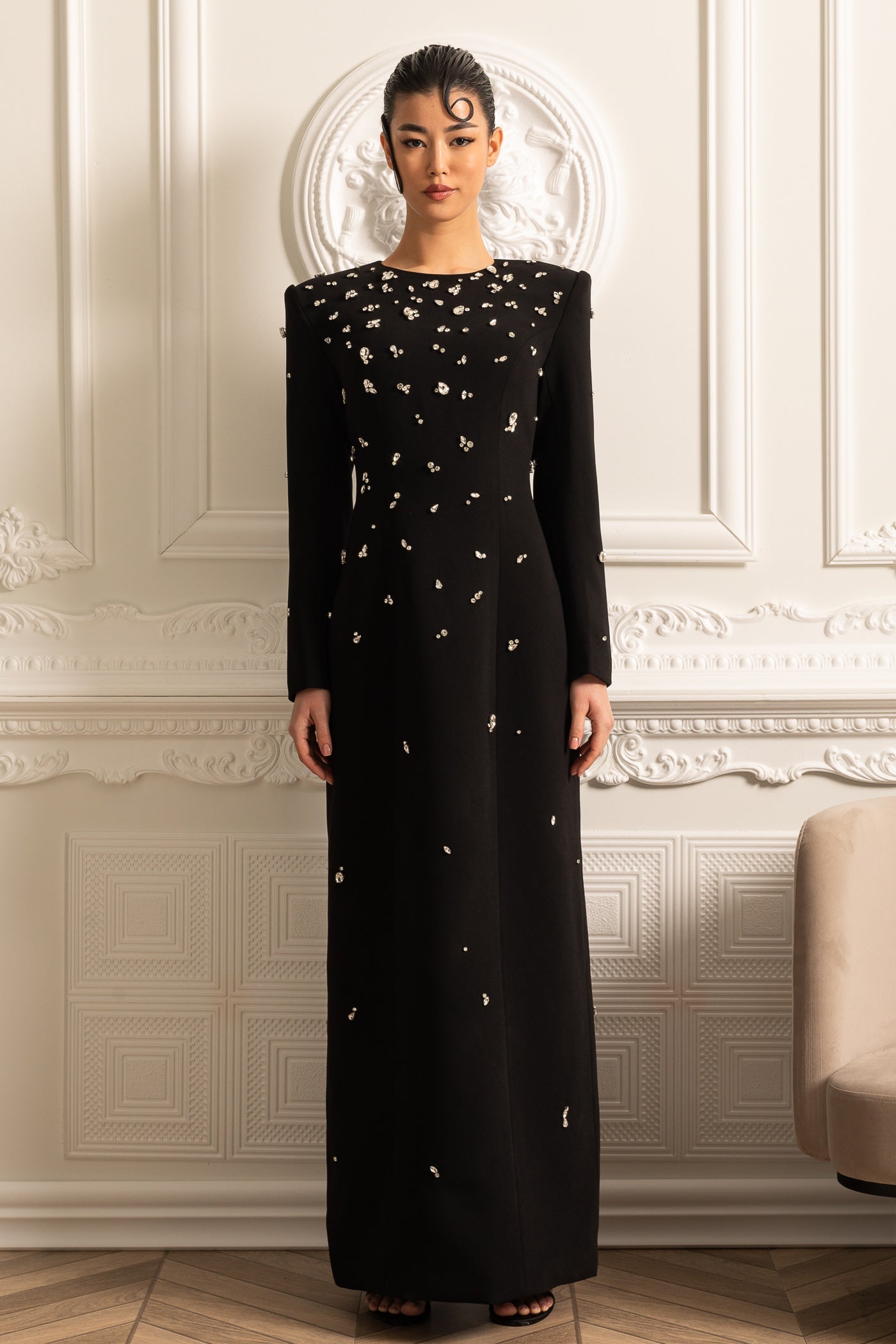 Robe longue élégante avec ornements scintillants - Noir 