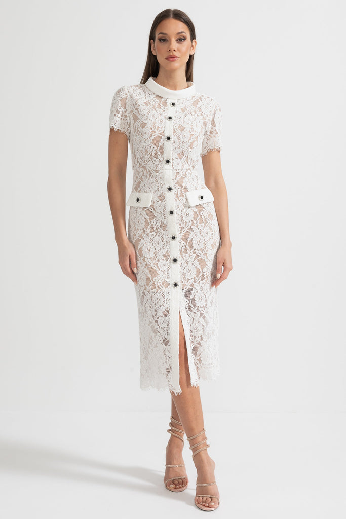 Robe élégante à manches courtes en dentelle avec ceinture assortie à la taille - Blanc 