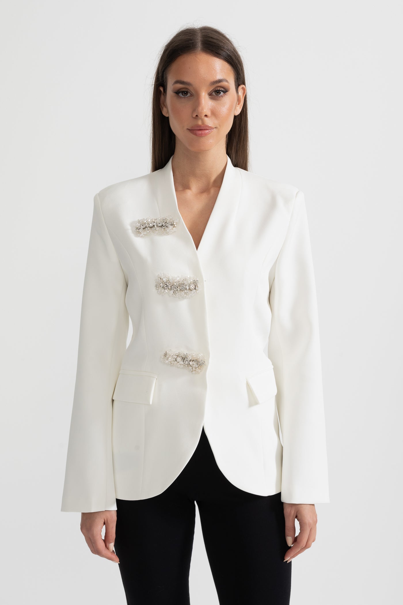 Tailored Blazer With Structured Shoulders And Silver Floral Clasps - White