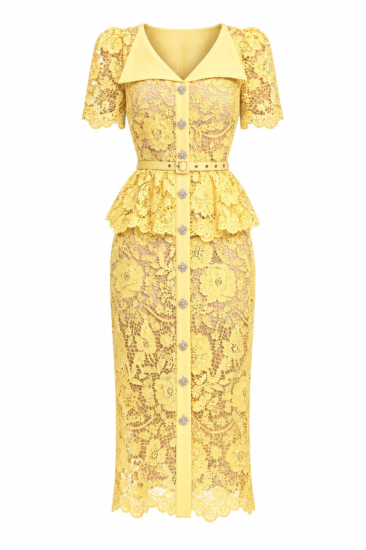 Robe midi peplum en dentelle à boutons en cristal - Jaune 