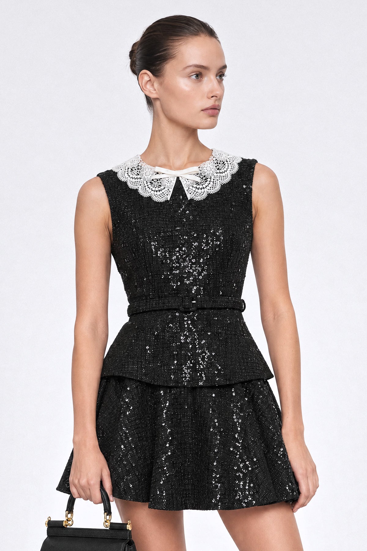 Robe courte péplum en tweed à sequins - Noir 