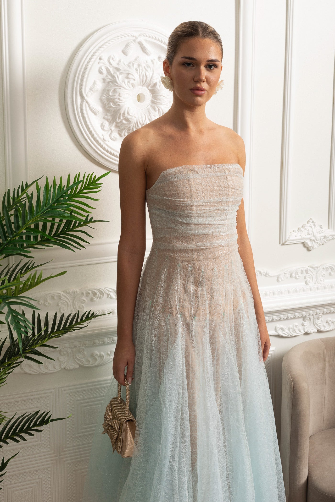 Robe midi bustier ligne A avec superposition texturée scintillante - Dégradé turquoise 