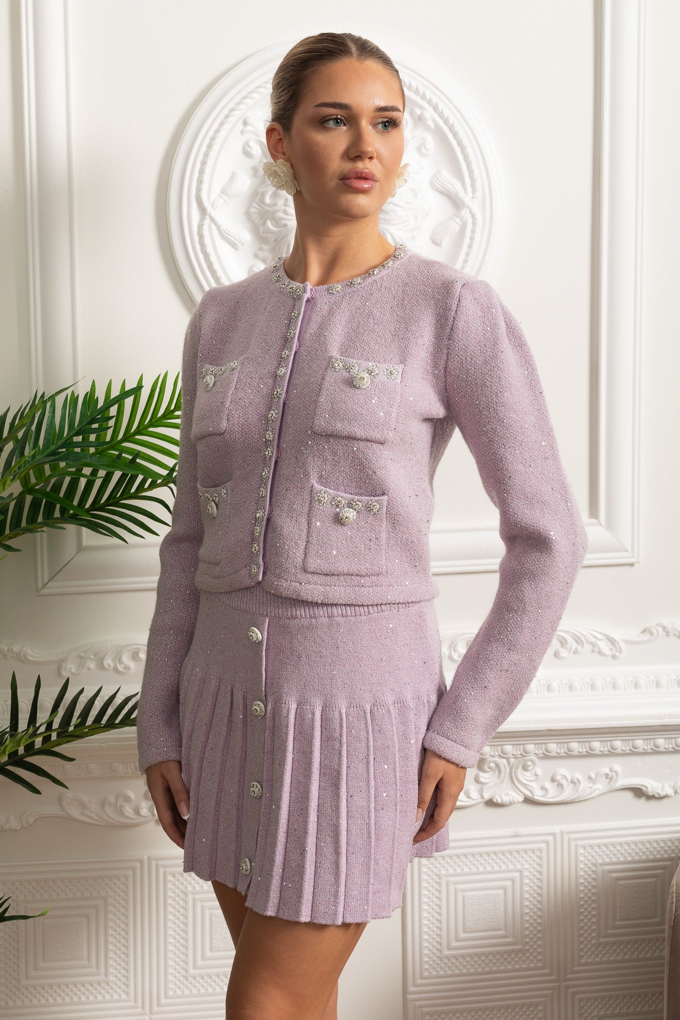 Embellished Knit Cardigan & Pleated Mini Skirt Co-ord Set - Lilac
