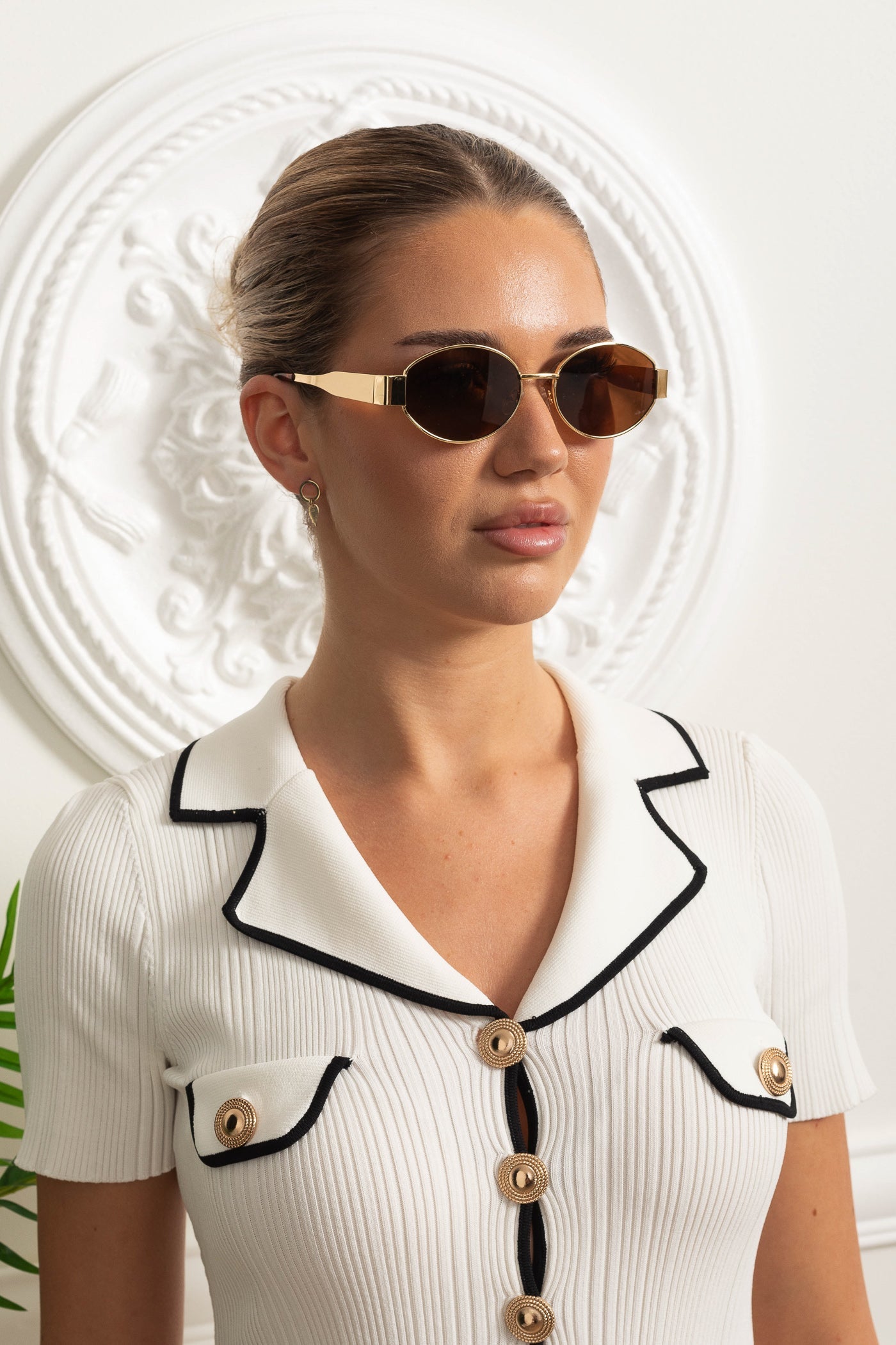 Lunettes de soleil à monture ovale avec branches larges dorées gravées – Marron 