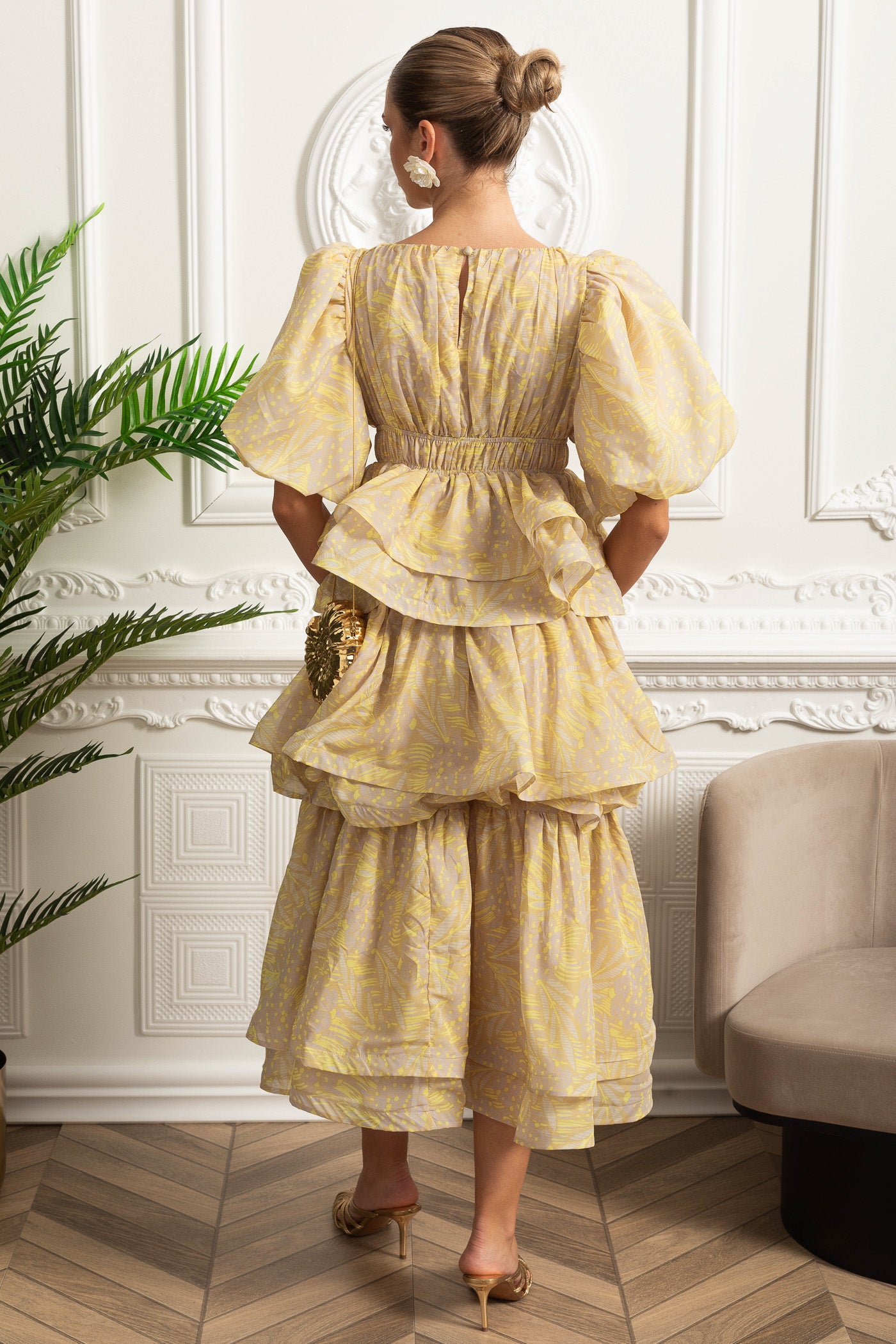 Robe Midi à Volants Échelonnés et Manches Bouffantes - Jaune 