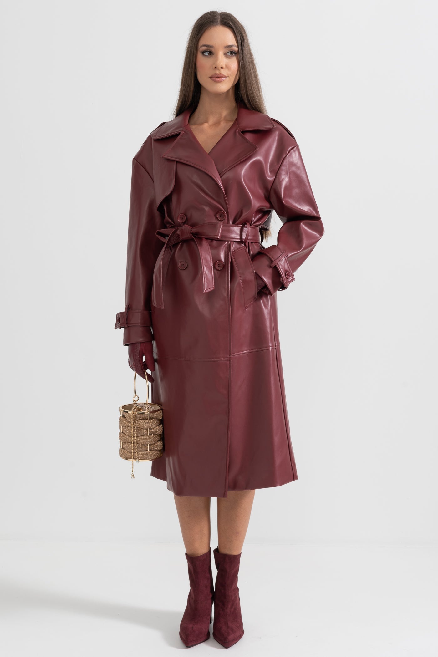 Manteau trench en cuir végétalien - Bordeaux 