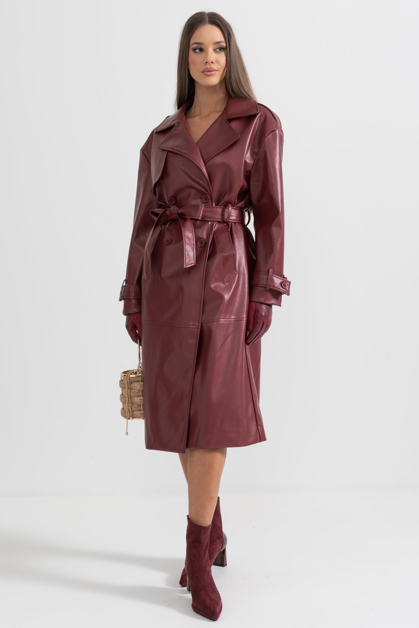 Manteau trench en cuir végétalien - Bordeaux 