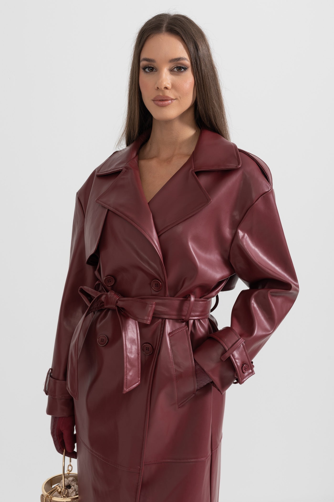 Manteau trench en cuir végétalien - Bordeaux 