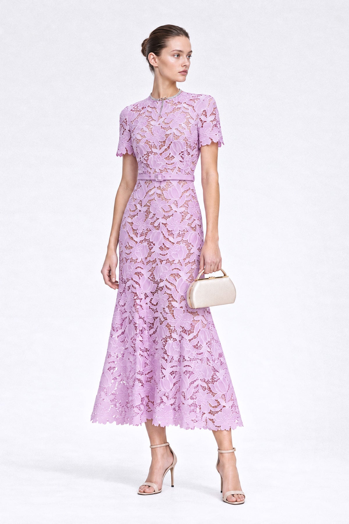 Robe midi en dentelle guipure florale - Lilas 