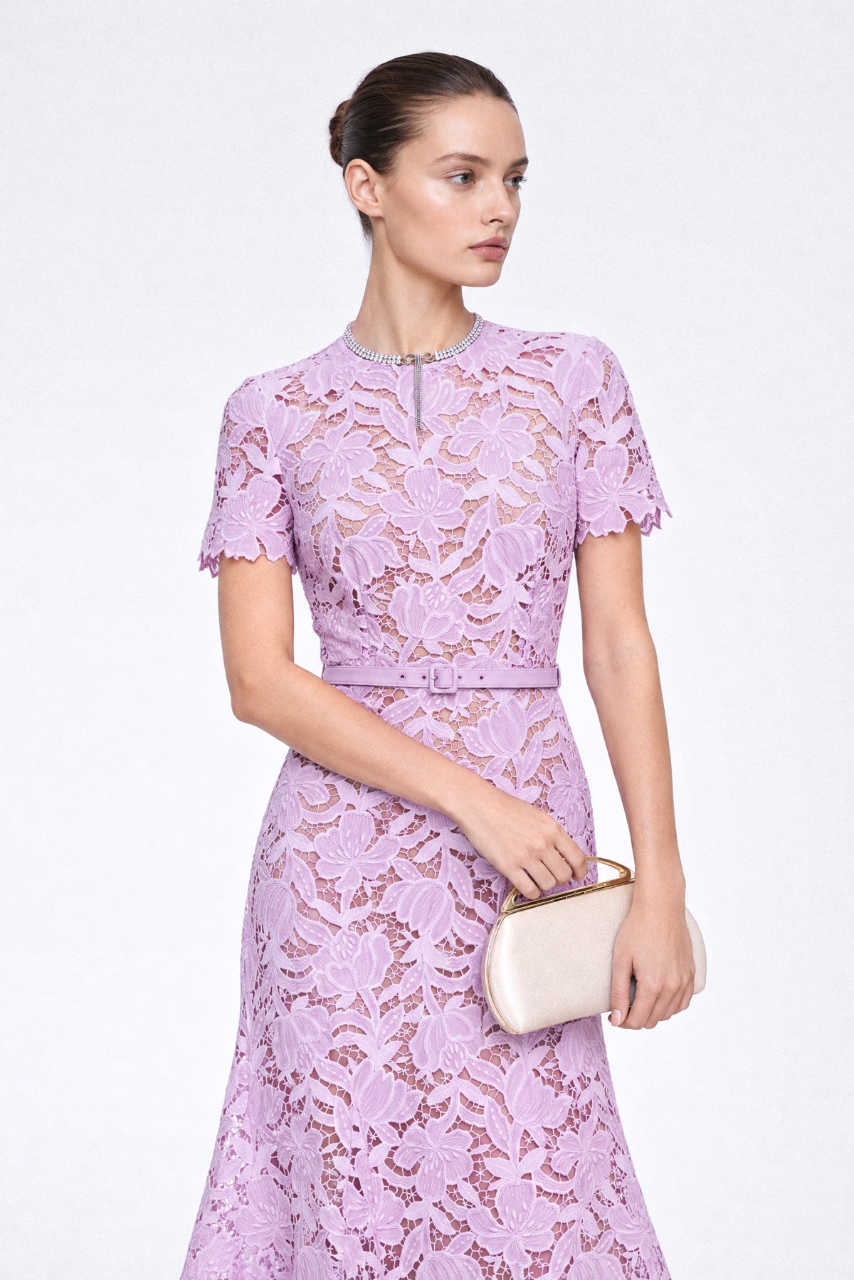 Robe midi en dentelle guipure florale - Lilas 