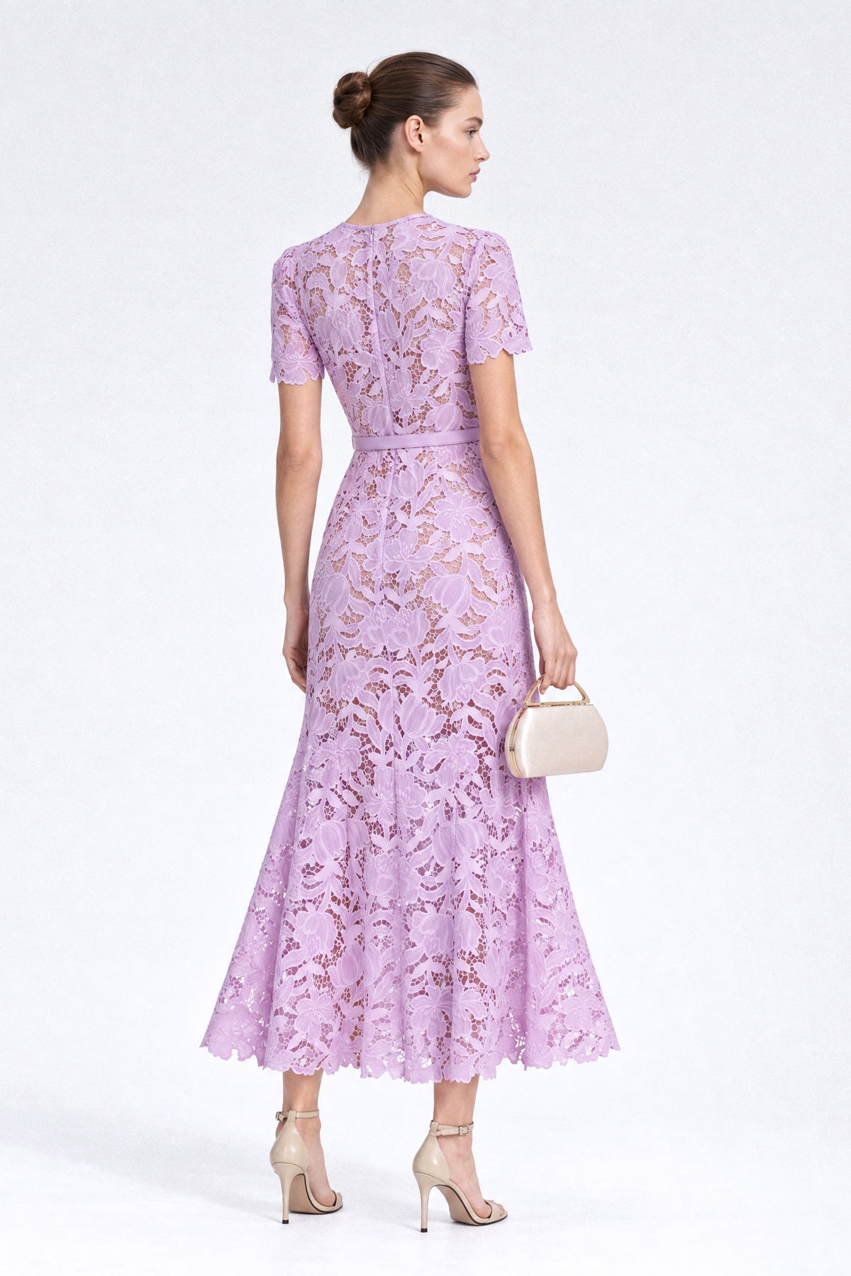 Robe midi en dentelle guipure florale - Lilas 