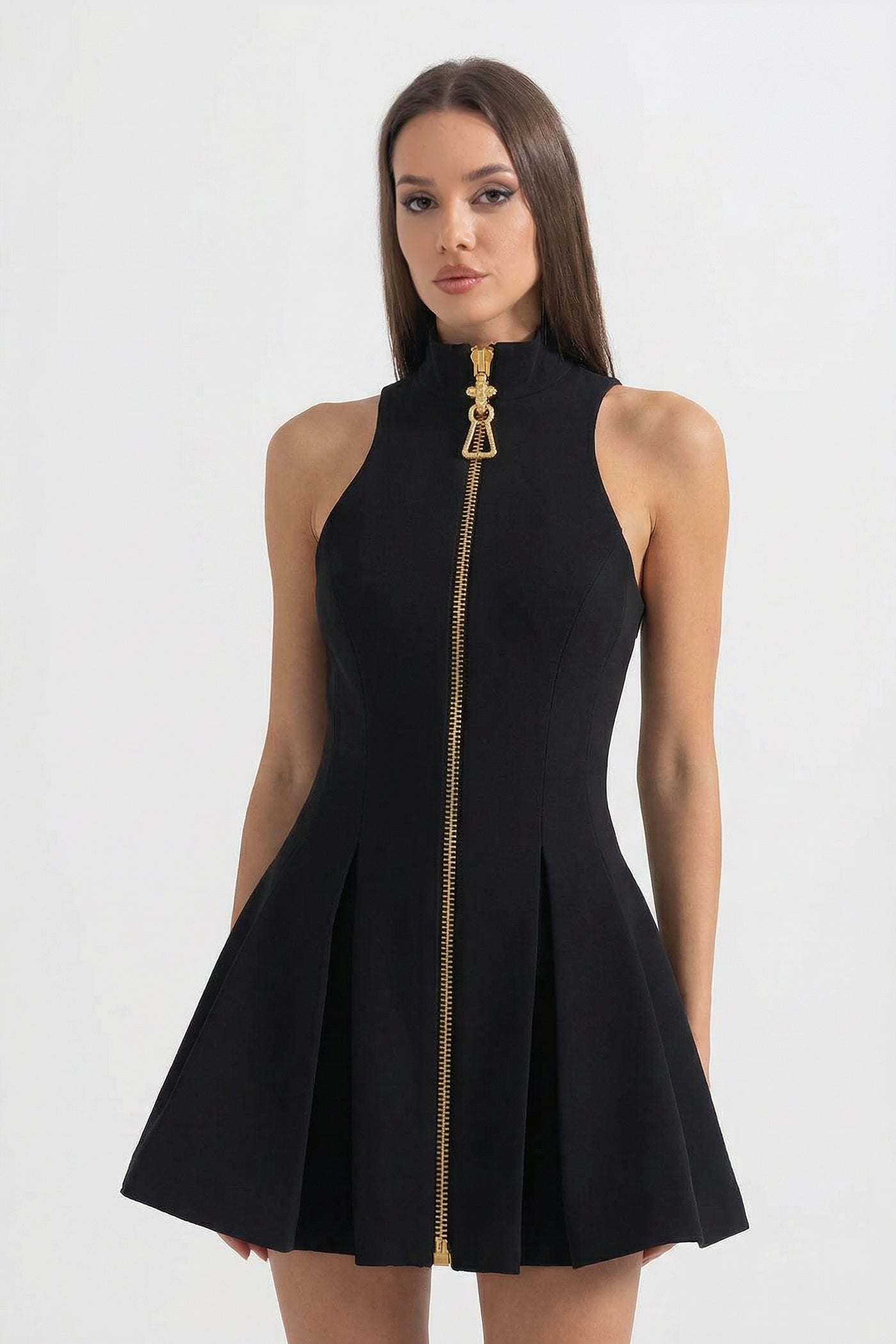Sleeveless Mini Dress With Gold Front Zipper - Black