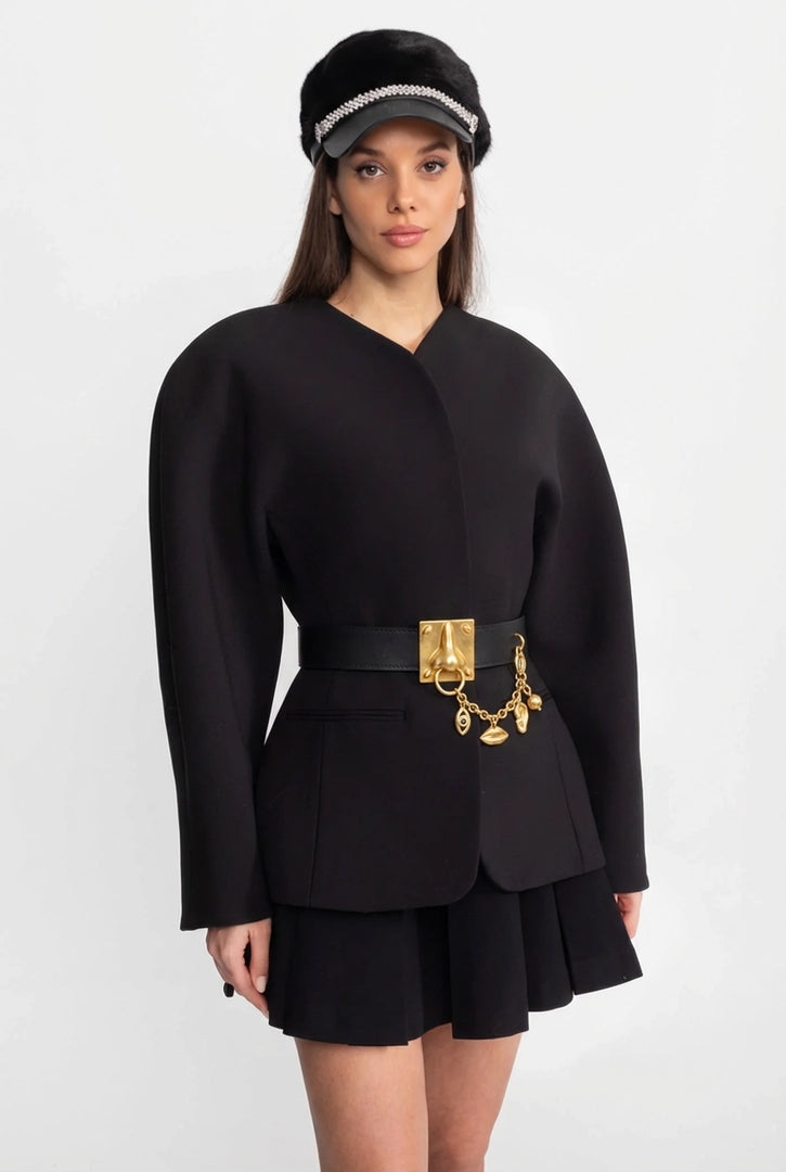 Ceinture avec ferrures dorées sculpturales – Noir 