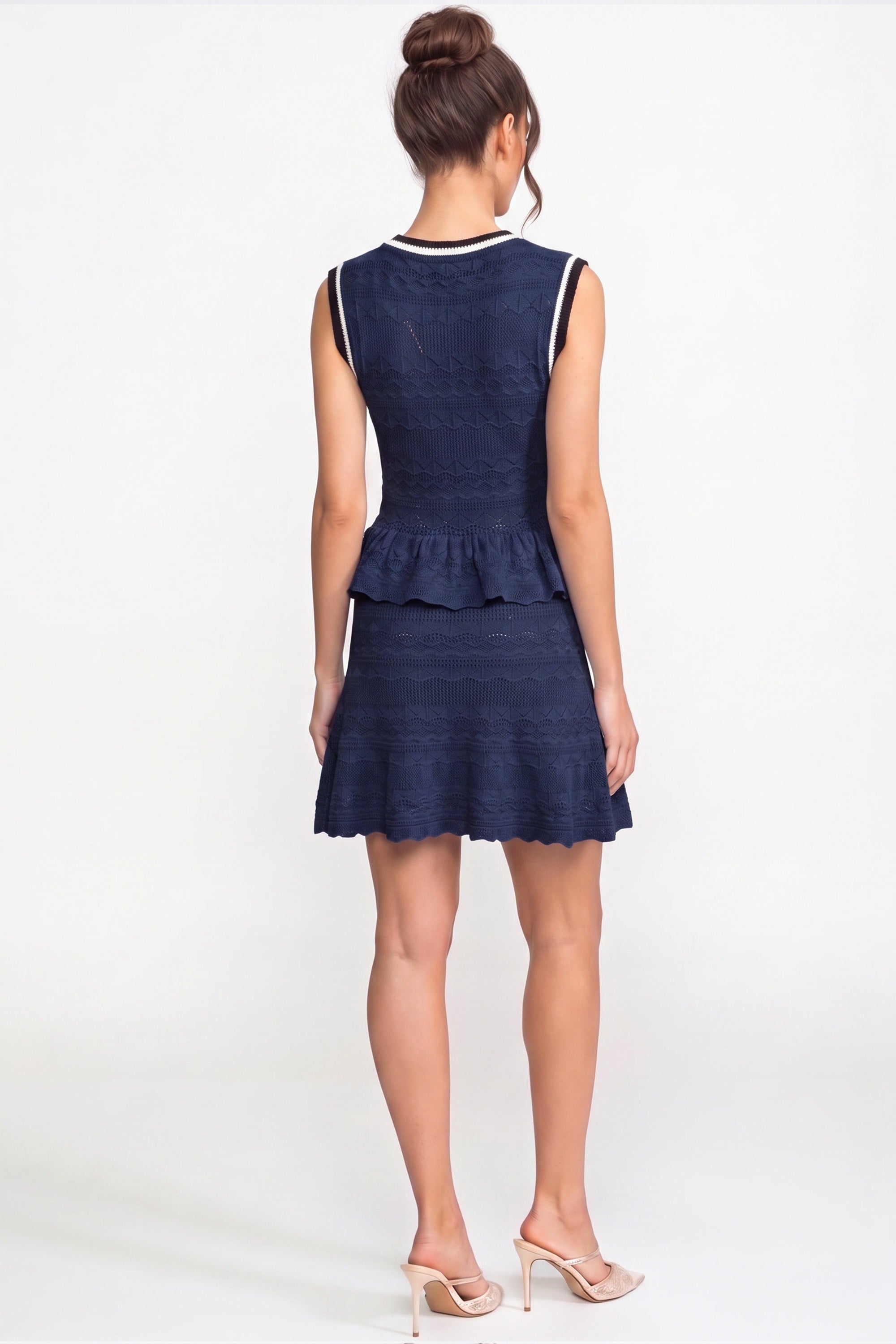 Robe mini en maille péplum avec liseré contrastant et nœud - Navy 