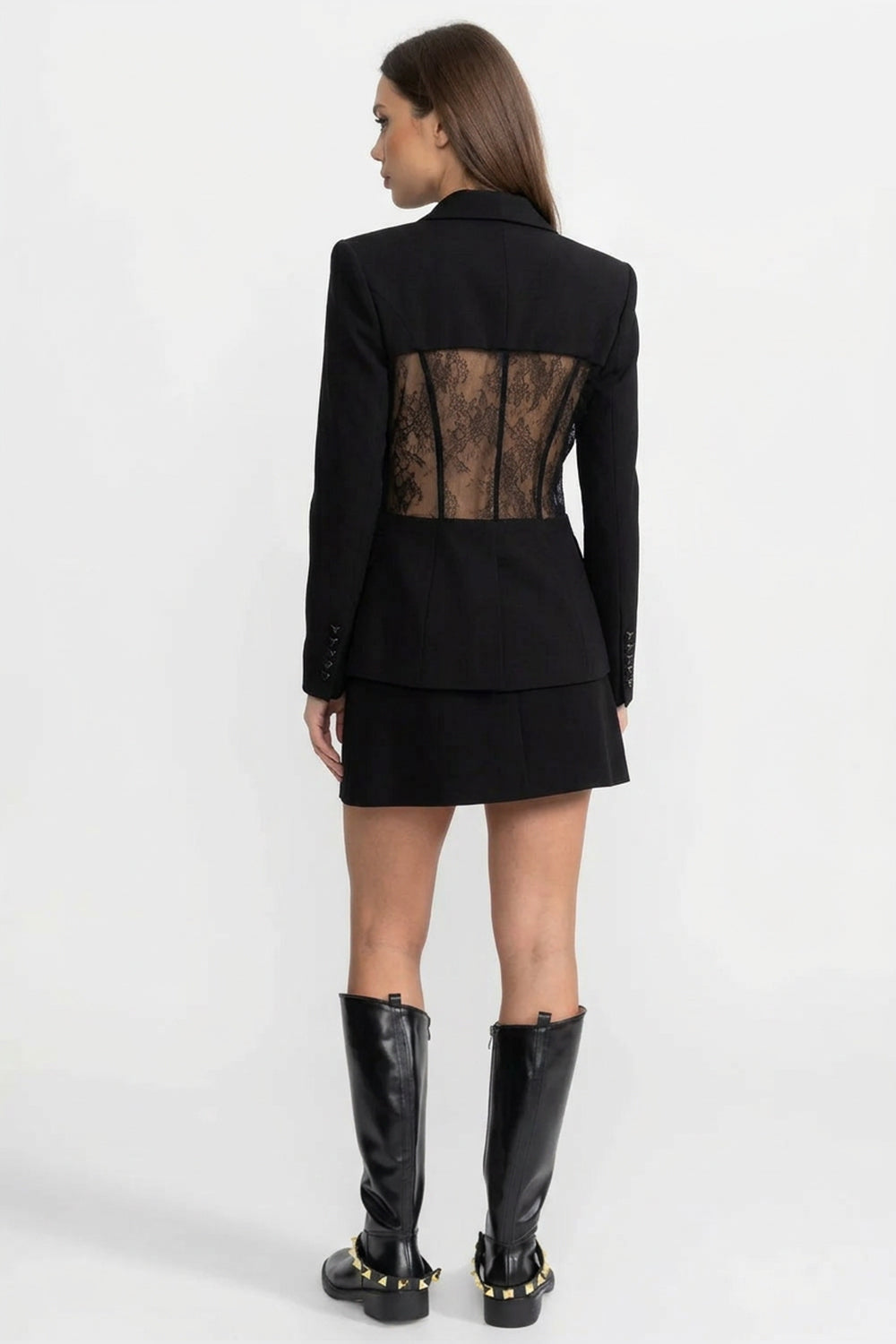 Blazer à Manches Longues Ajusté avec Panneaux de Taille en Dentelle Transparente - Noir 