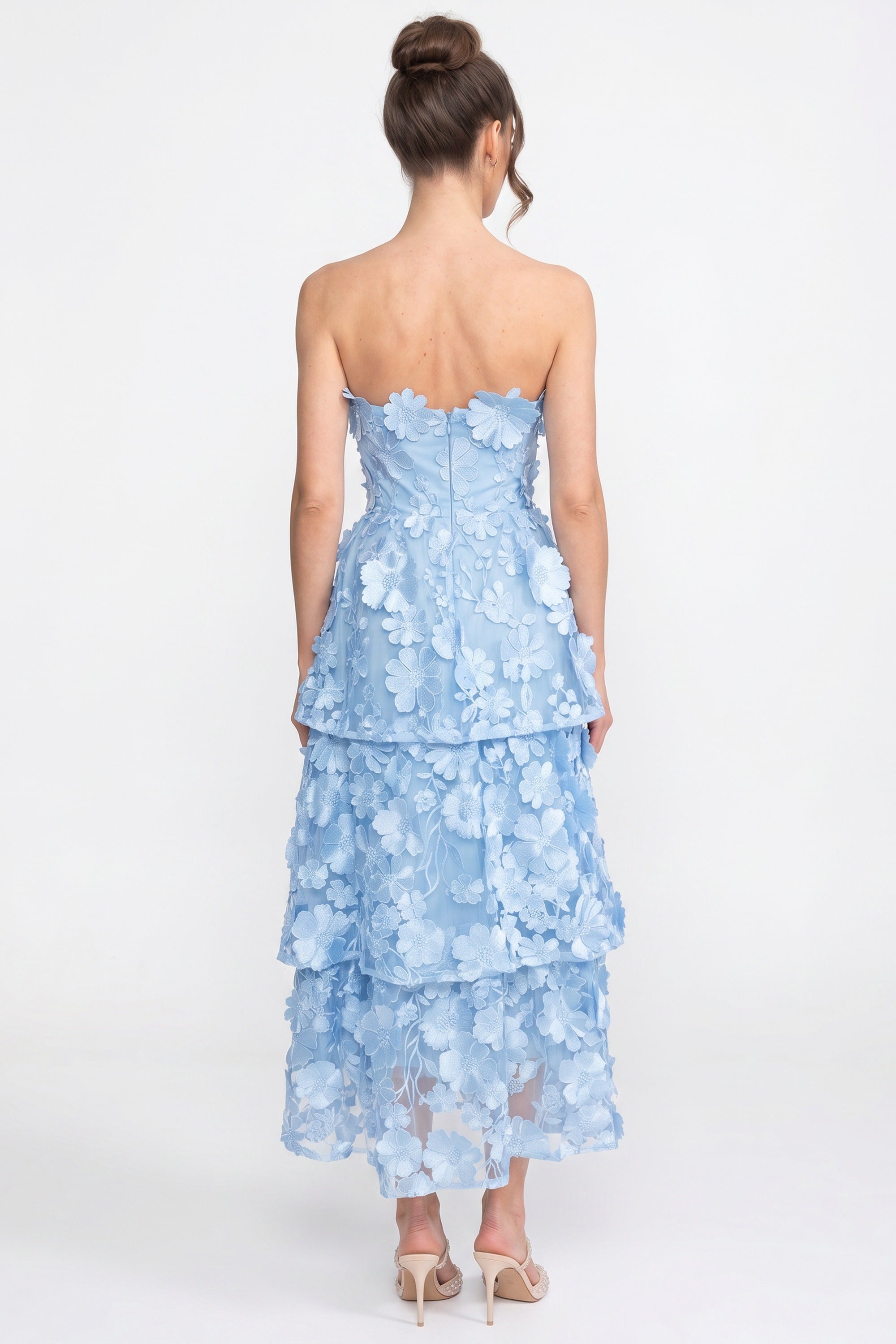 Robe Transparente à Couches avec Taille Cintrée et Appliques Florales - Bleu clair 