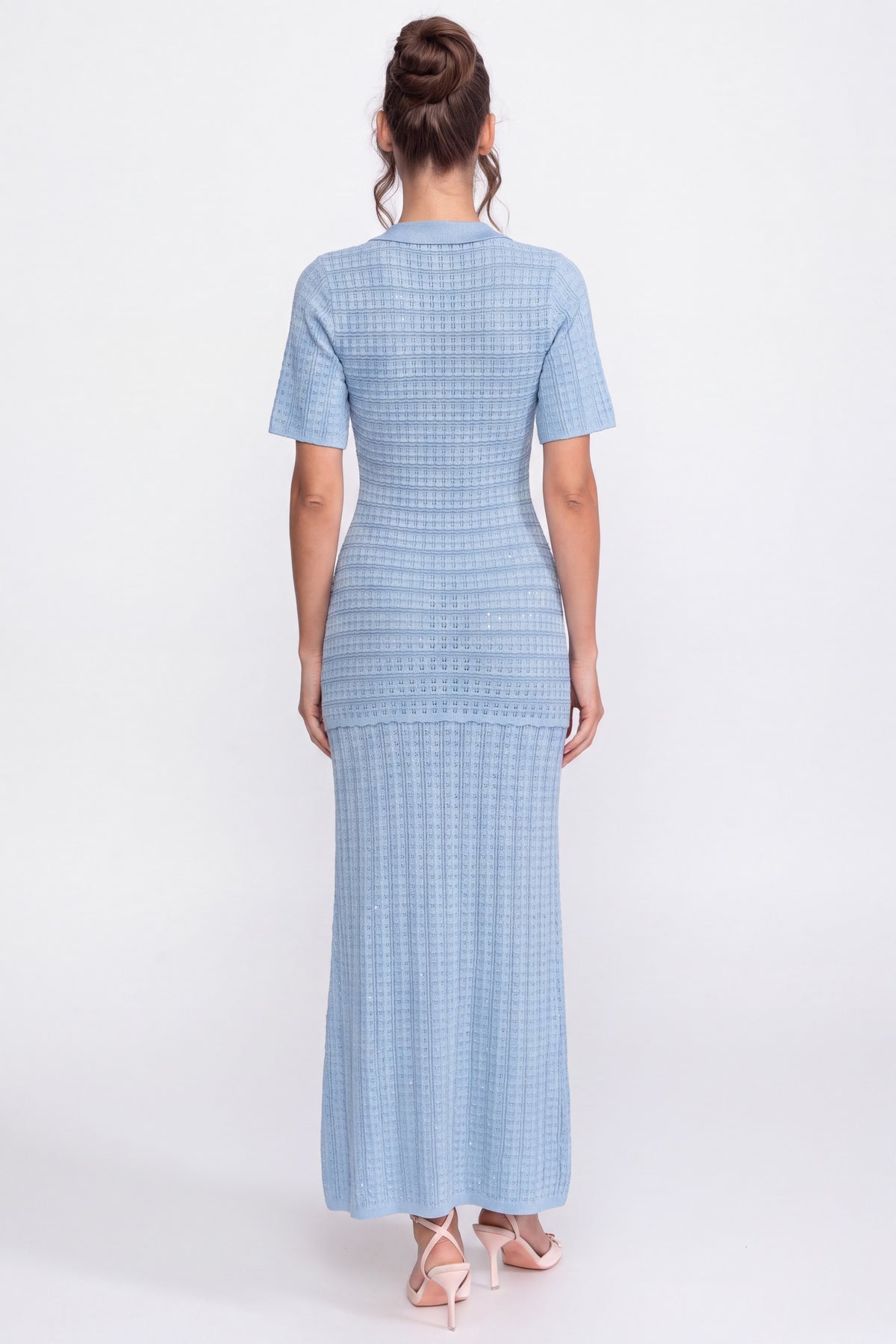 Robe midi à manches courtes avec texture tricotée scintillante - Light Blue 