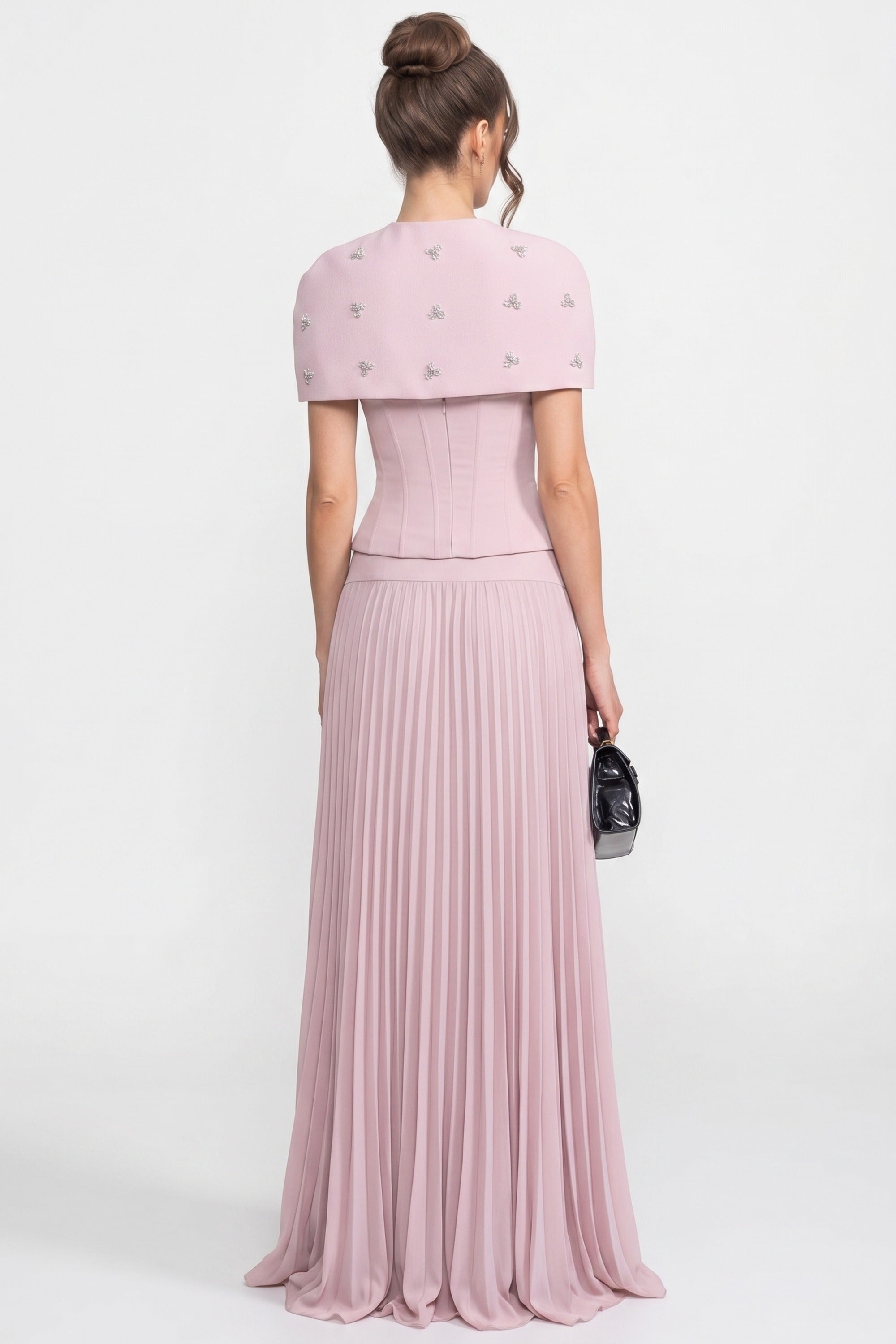 Ensemble coordonné 3 pièces avec top froncé, cape amovible et jupe maxi - Rose 