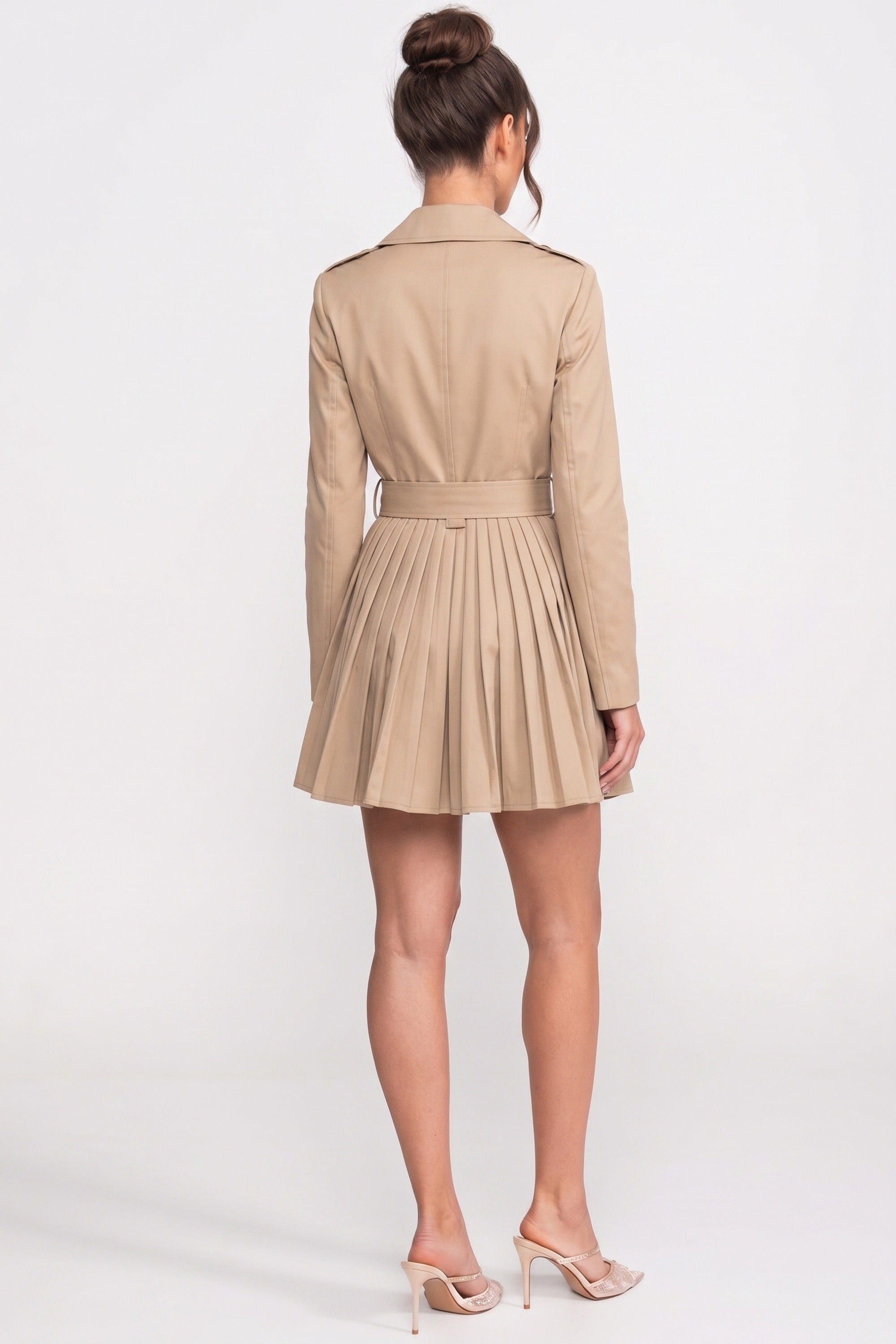 Double-Breasted Belted Trench Coat With Pleated Skirt - Khaki