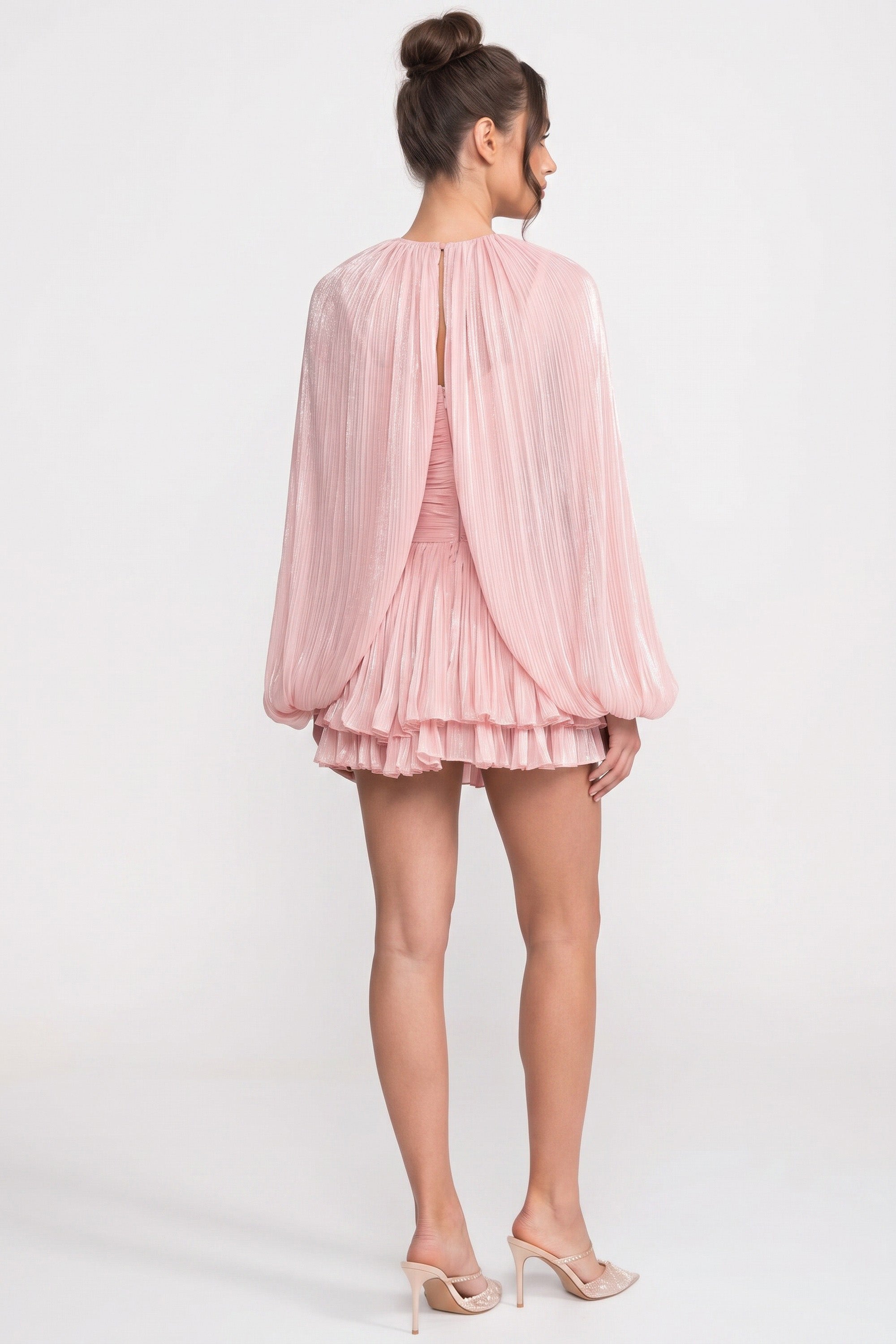 Robe mini à col montant et manches ballon avec jupe plissée - Rose 
