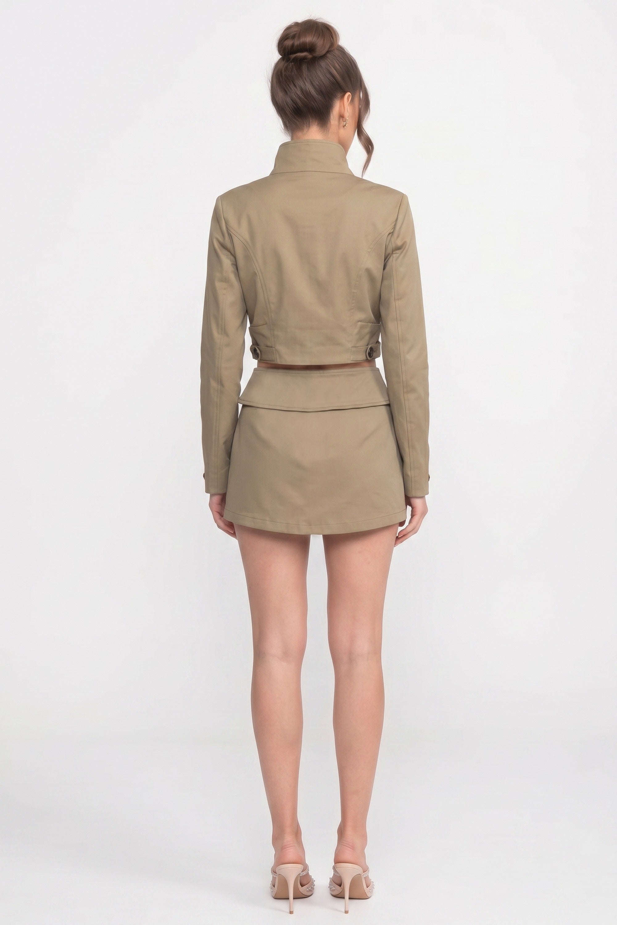 Double-Breasted Cropped Jacket And Mini Skirt Co-Ord Set - Khaki