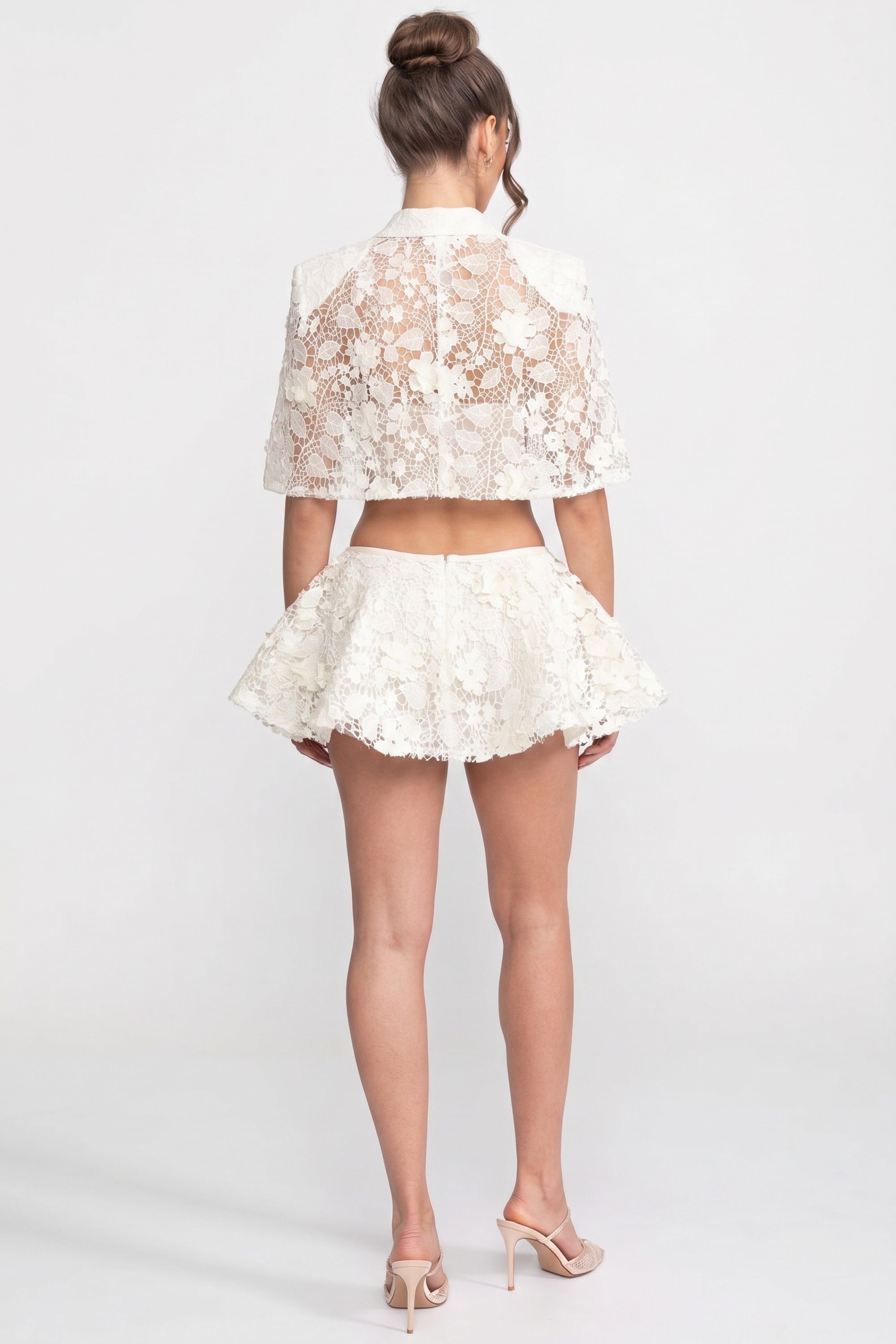Lace Co-Ord Set With Button Cape And Bow Mini Skirt - White
