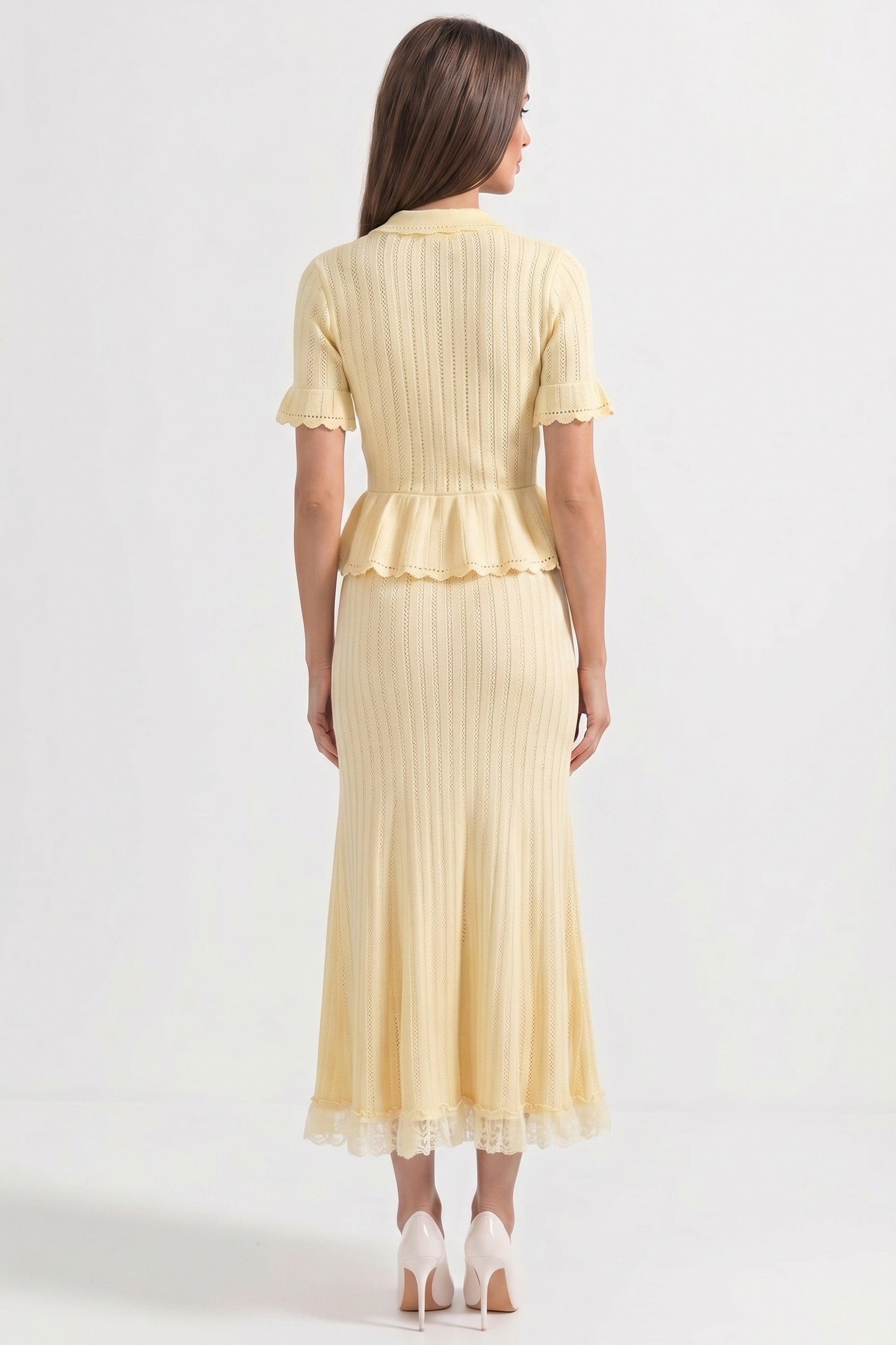 Robe maxi péplum en maille avec col Peter Pan et ourlet en dentelle - Jaune 
