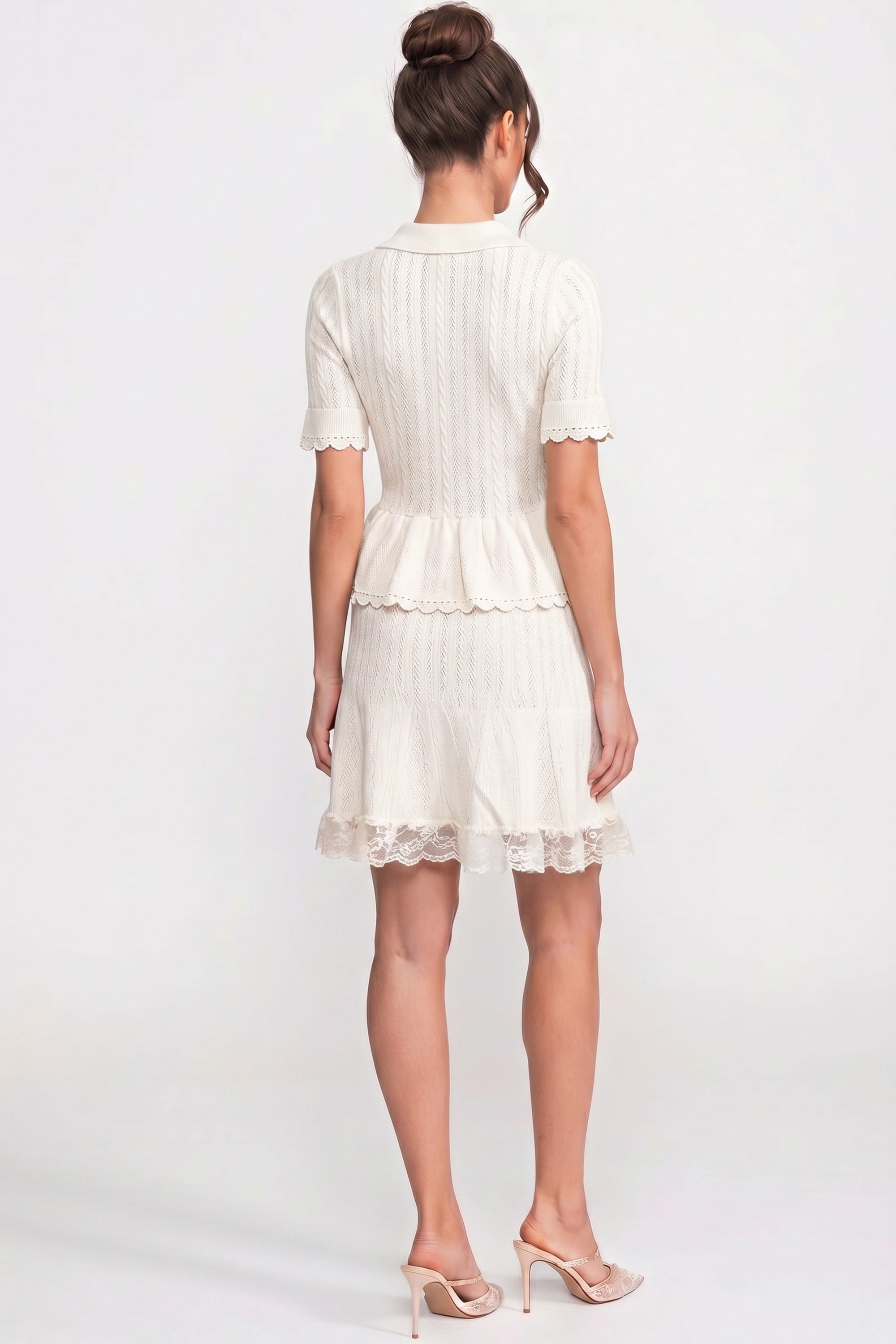 Polo-Collar Mini Dress With Button Top, Peplum Waist And Lace Hem - White