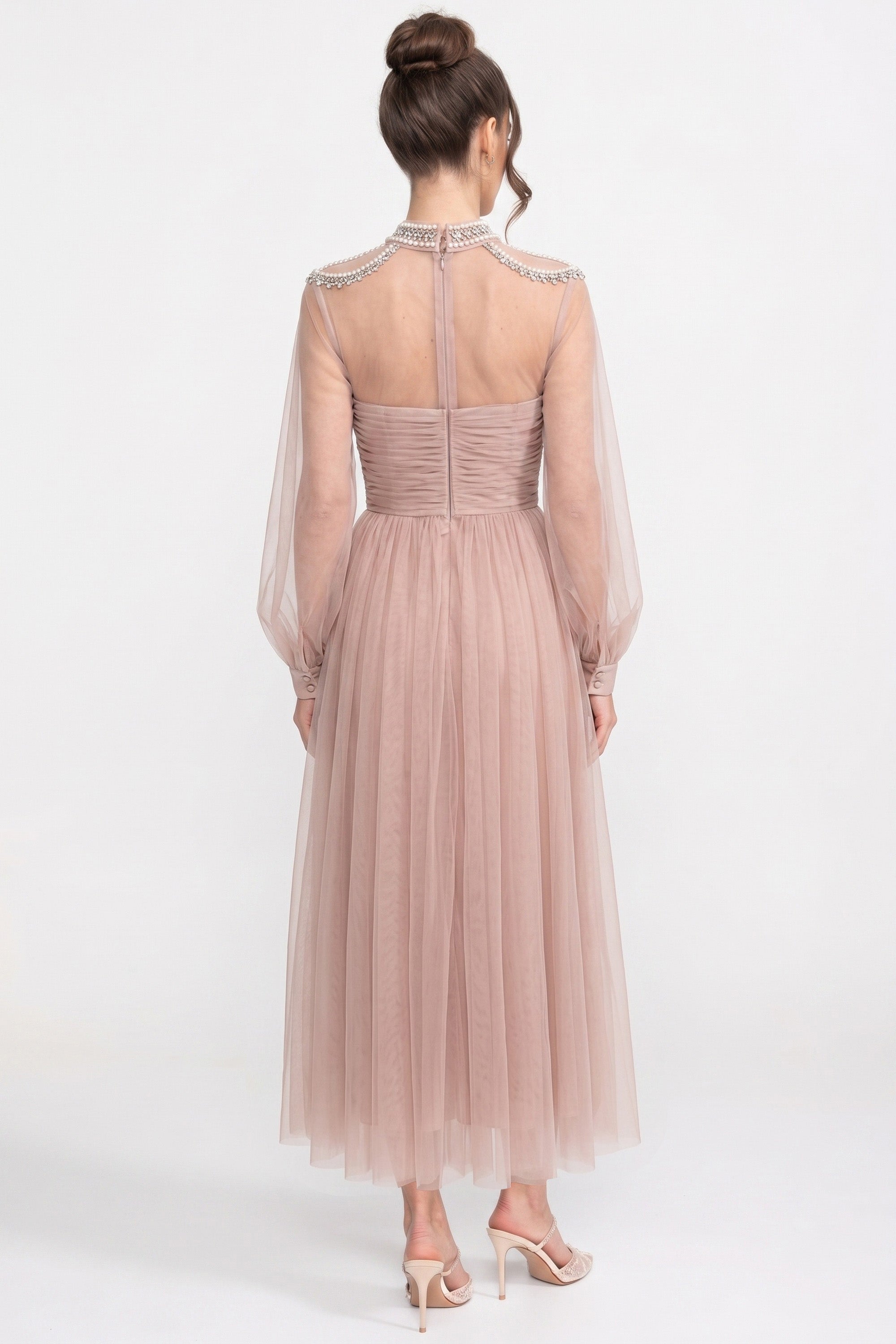 Robe élégante à manches longues, col montant et corsage froncé - Pêche 