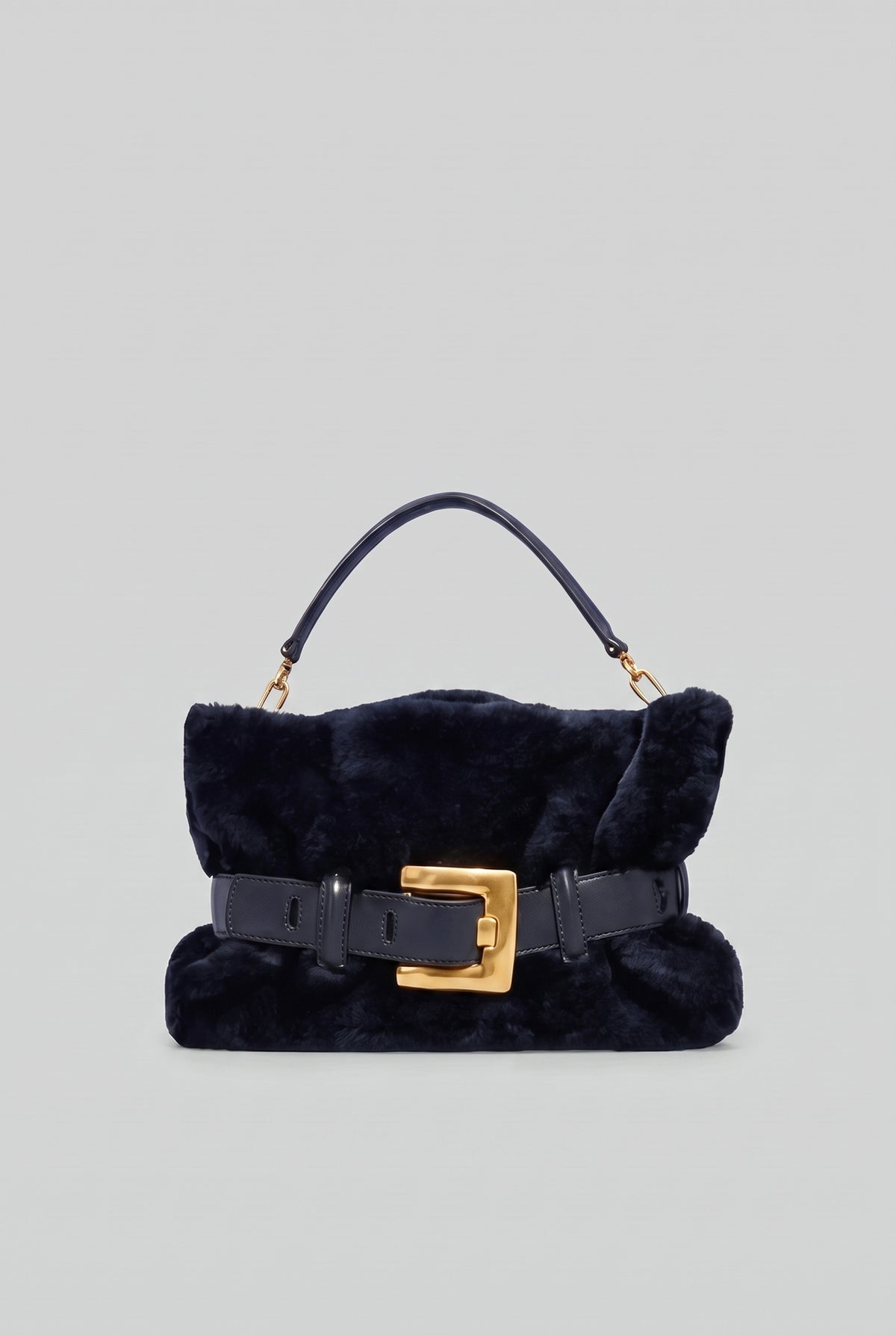 Sac à main en fausse fourrure avec détail boucle de ceinture – bleu foncé 
