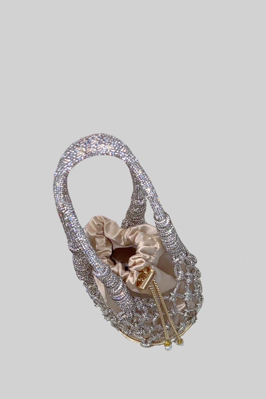 Sac à main rond à mailles avec pochette à cordon en satin beige - Argenté 