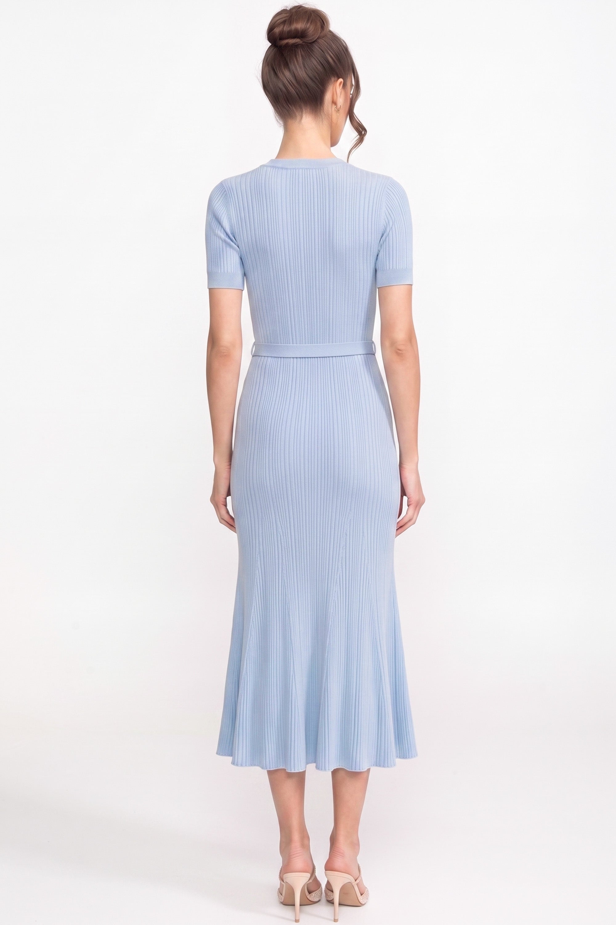Ribbed Knit Midi Dress With White Collar And Pearl Belt - Light Blue