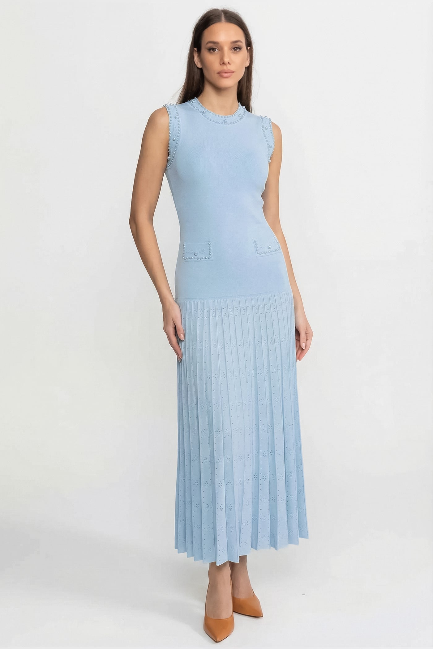 Robe midi sans manches en maille ornée de perles - Bleu 
