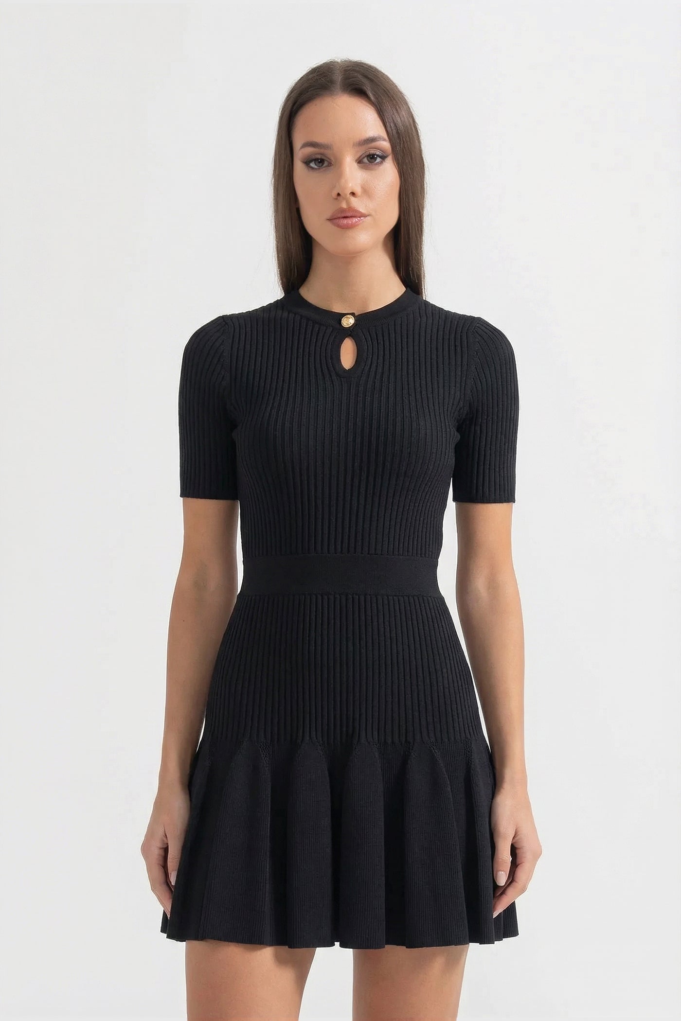 Robe Mini en Maille Côtelée avec Encolure Keyhole Boutonnée Or - Noir 