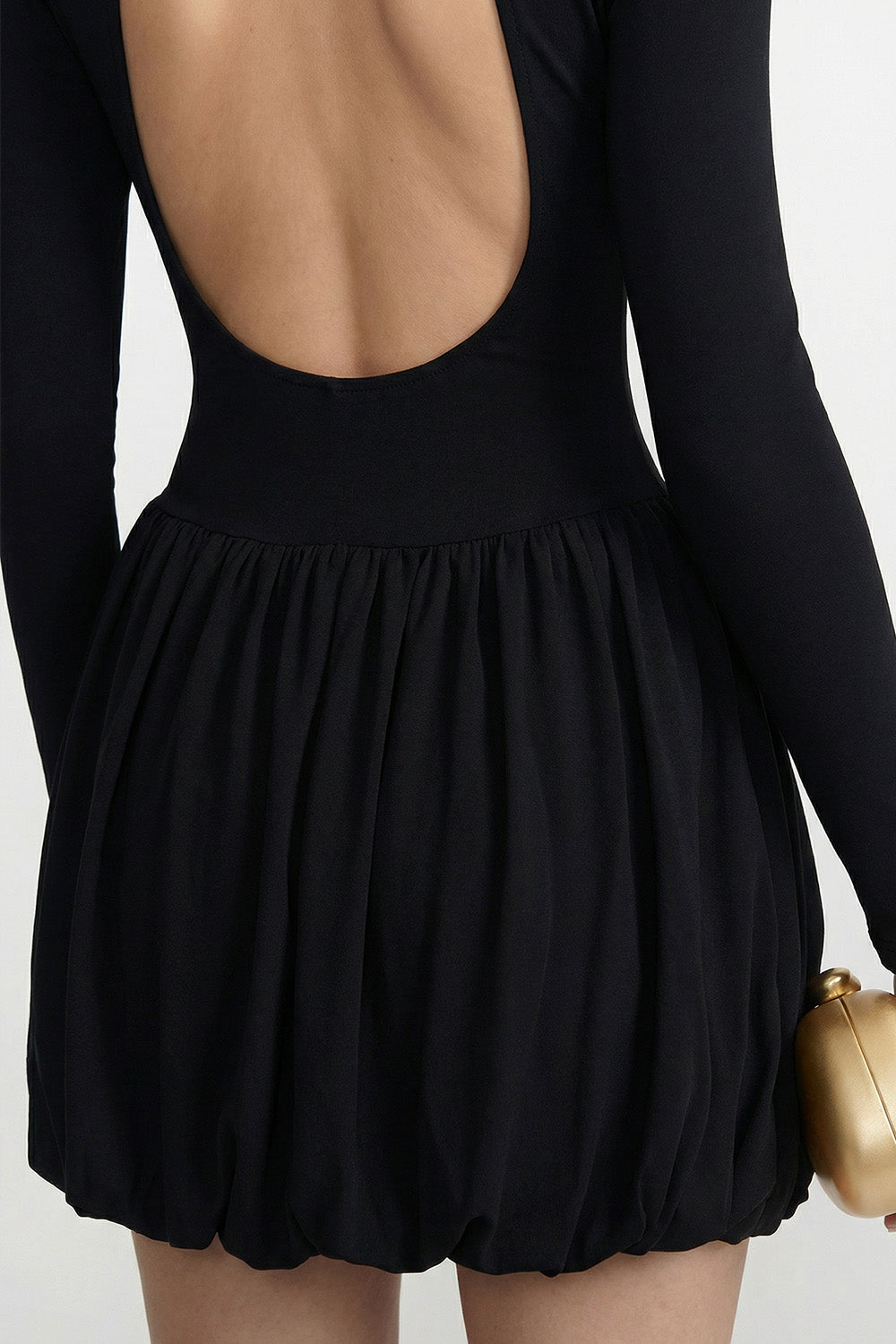 Robe Mini à Manches Longues avec Jupe Bouffante Drapée - Noir 