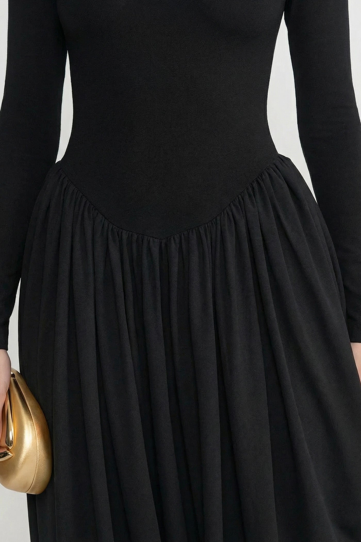 Long Sleeve Maxi Dress With Draped Skirt - Black