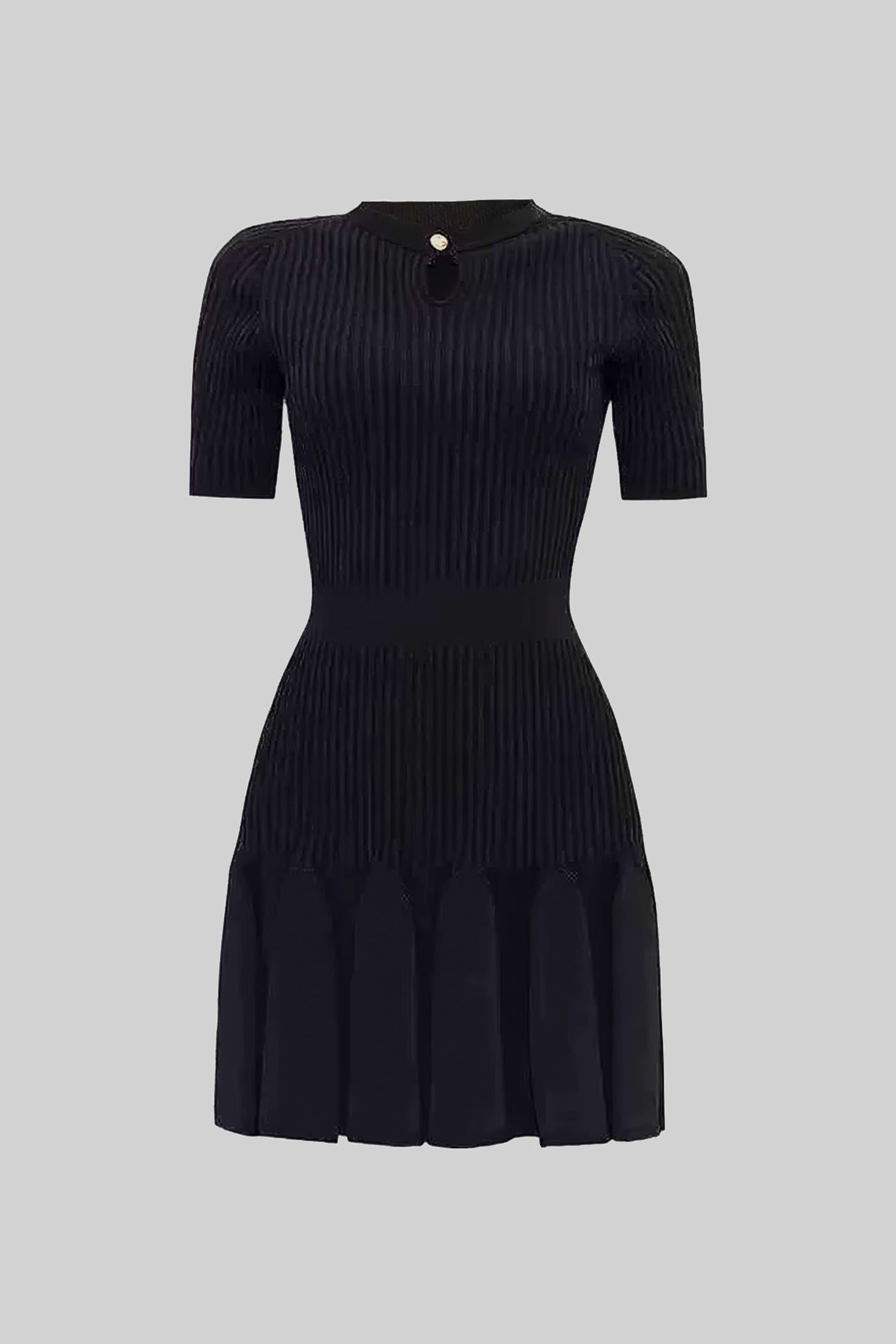Robe Mini en Maille Côtelée avec Encolure Keyhole Boutonnée Or - Noir 