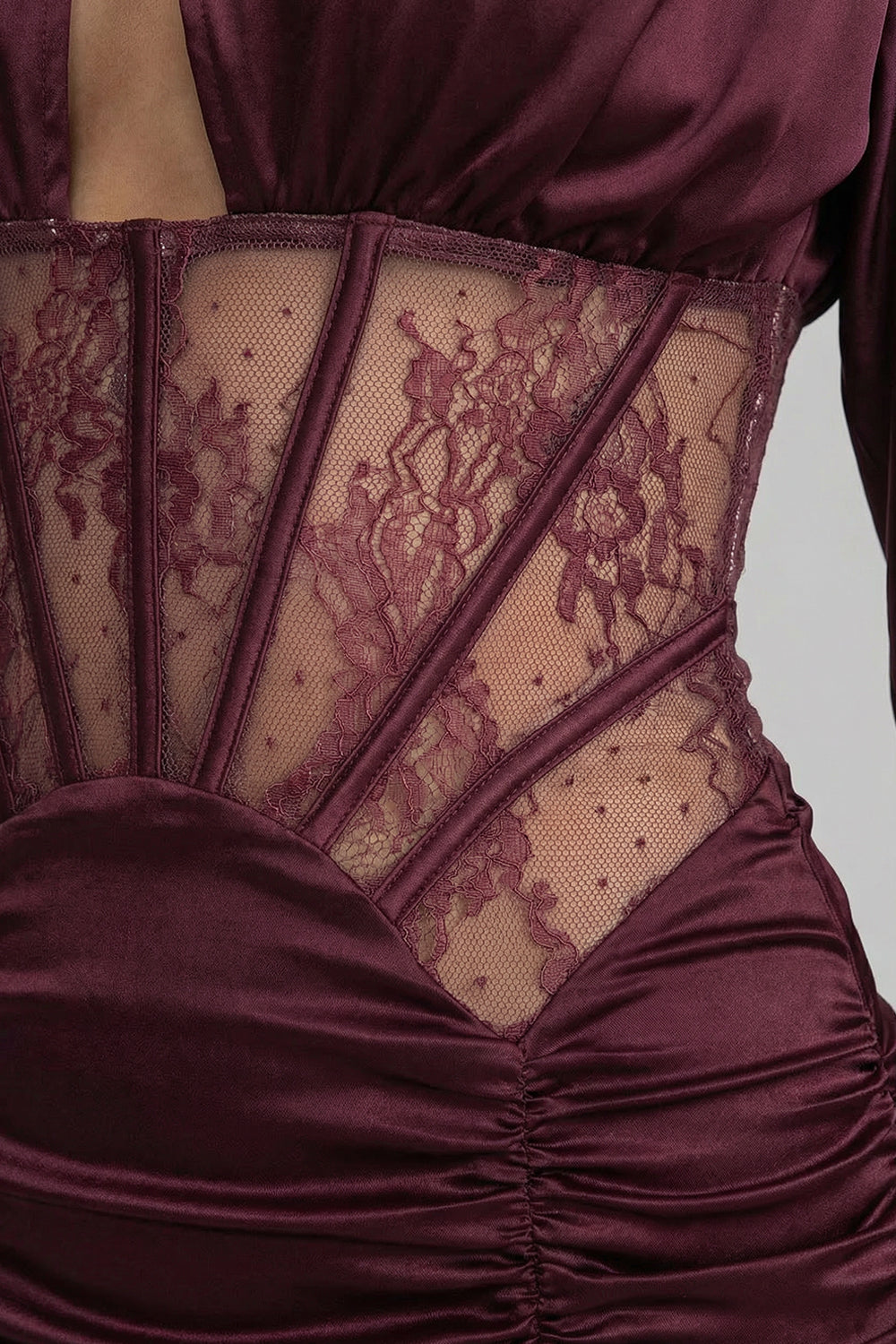 Satin Mini Dress with Lace Corset Insert – Burgundy