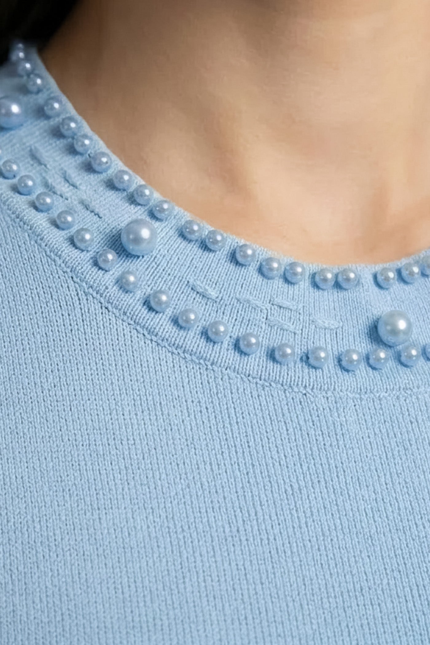 Robe midi sans manches en maille ornée de perles - Bleu 