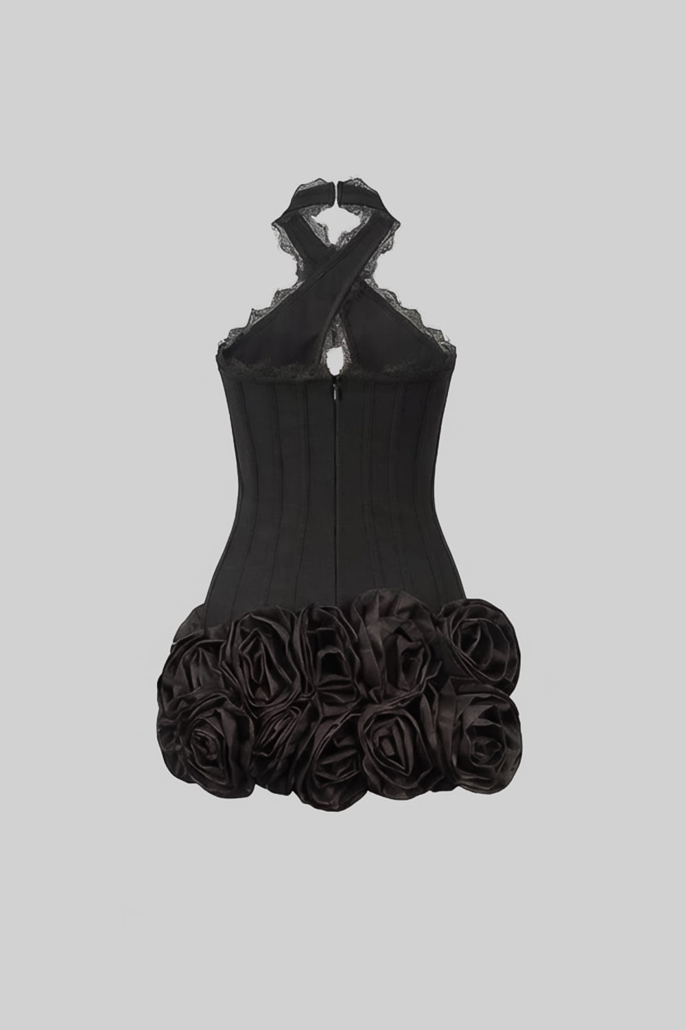 Robe courte corset à dos nu avec ourlet à rose 3D – Noir 