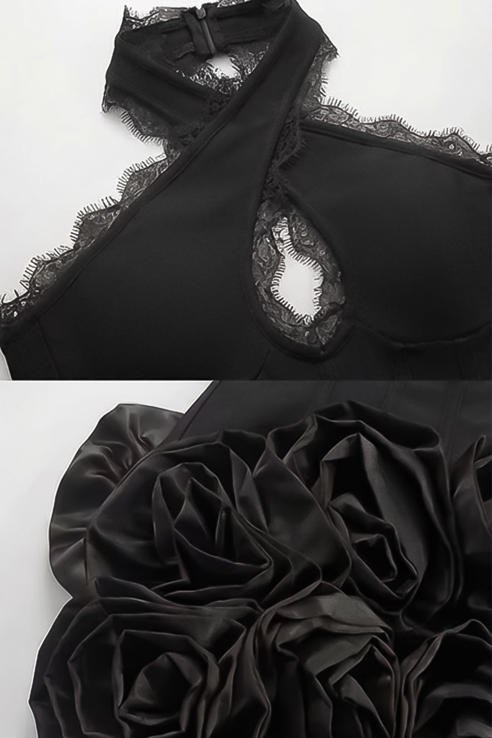 Robe courte corset à dos nu avec ourlet à rose 3D – Noir 