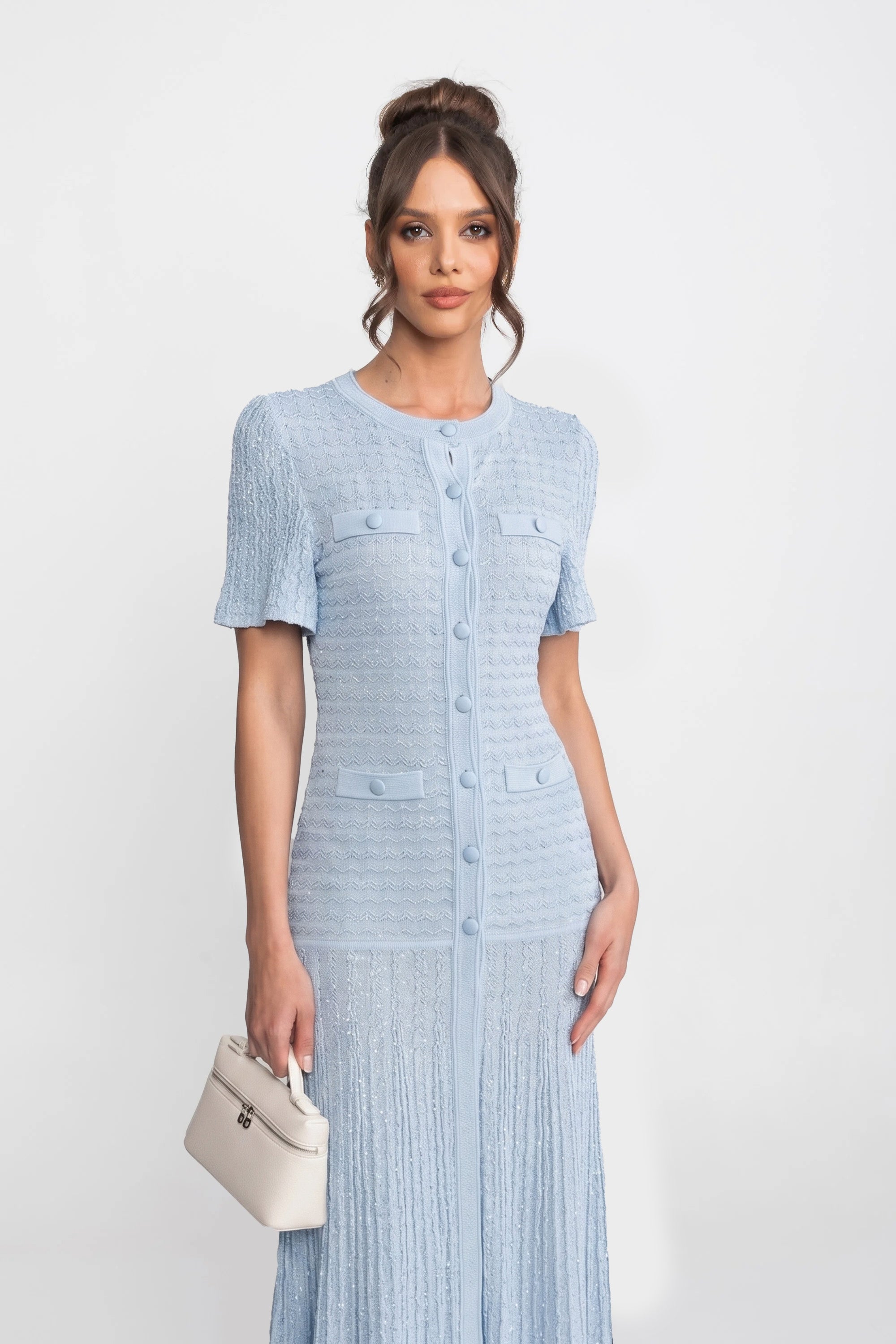 Robe midi à manches courtes avec texture tricotée scintillante - Light Blue 
